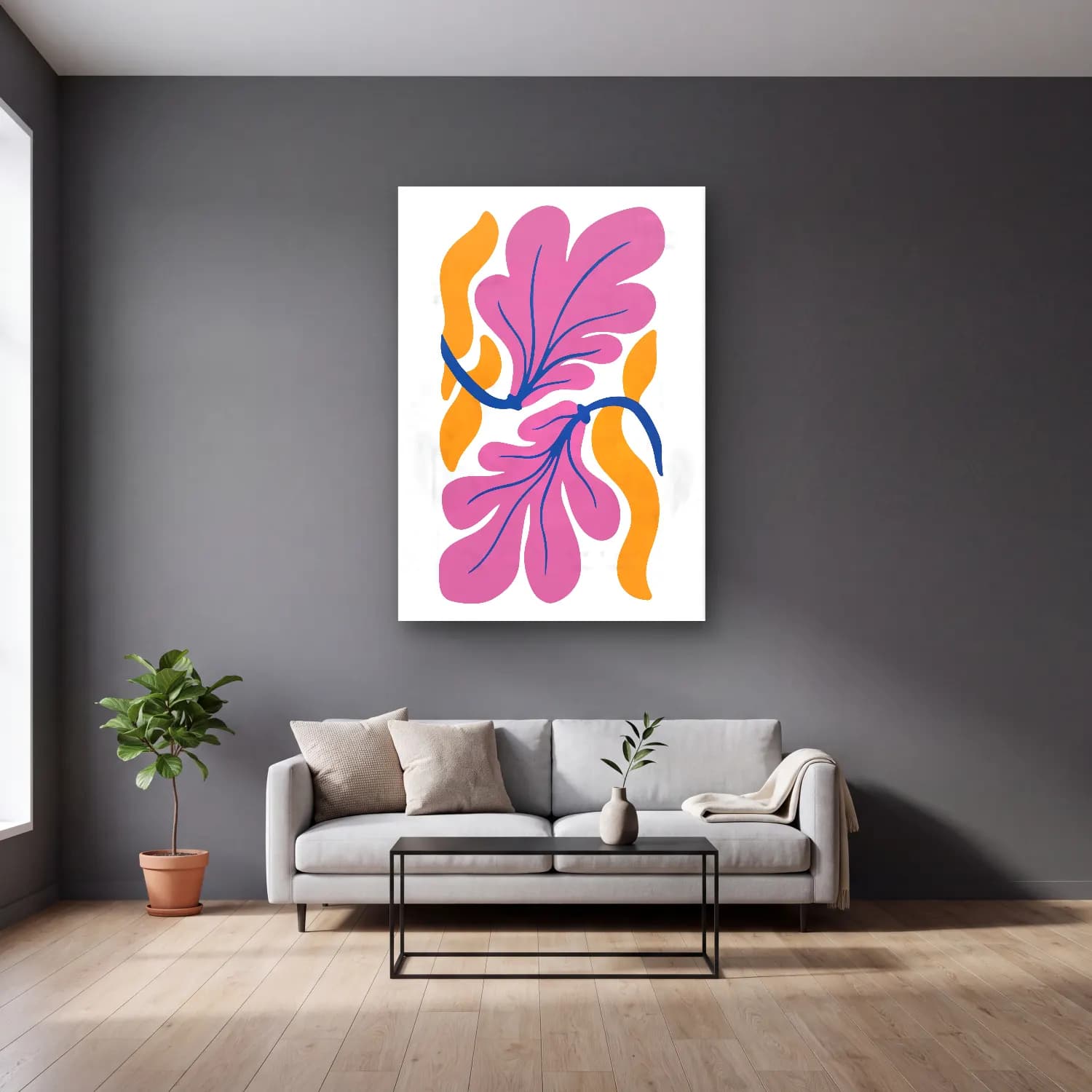 Boho Çiçek Deseni No. 75 cam tablo — gri duvarlı salonda