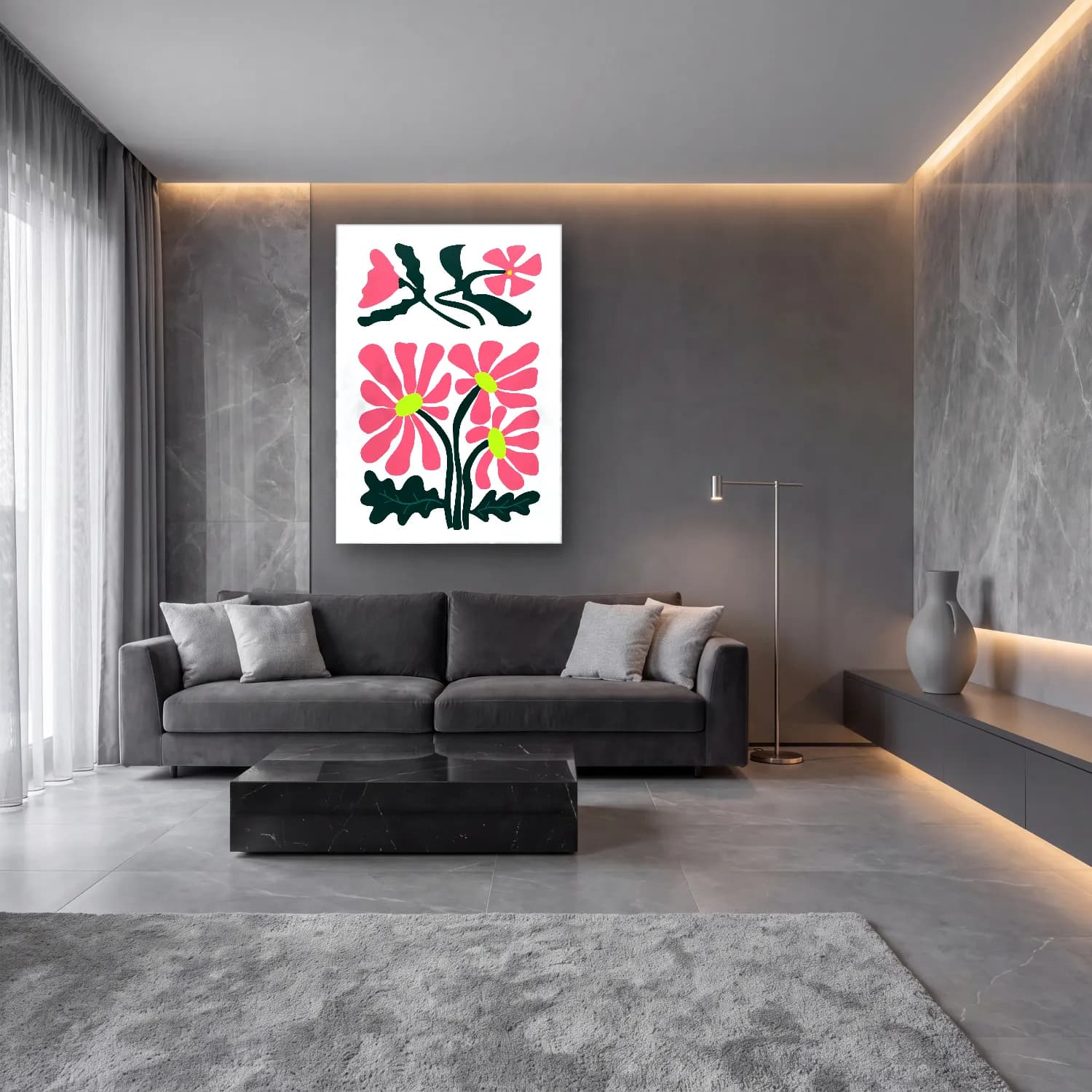 Boho Çiçek Deseni No. 76 cam tablo — lüks salon duvarında