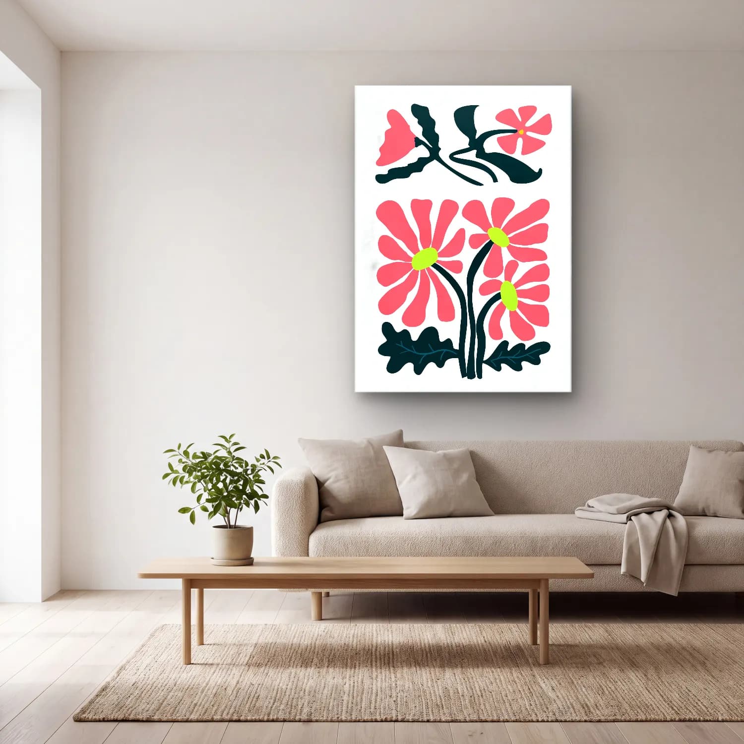 Boho Çiçek Deseni No. 76 cam tablo — açık renk salonda