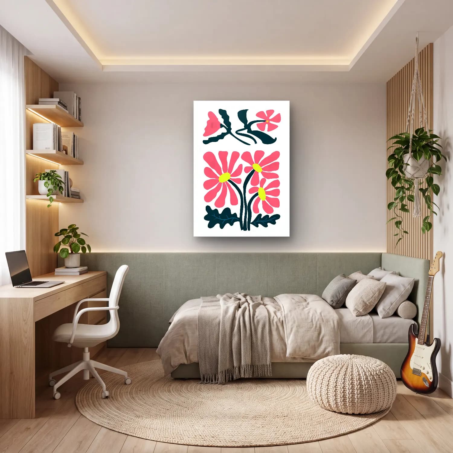 Boho Çiçek Deseni No. 76 cam tablo — genç odasında