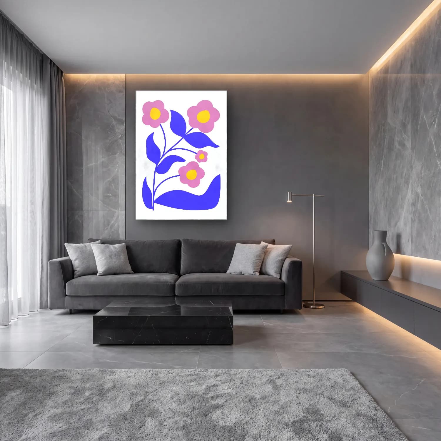 Pastel Çiçek Deseni No. 198 cam tablo — lüks salon duvarında
