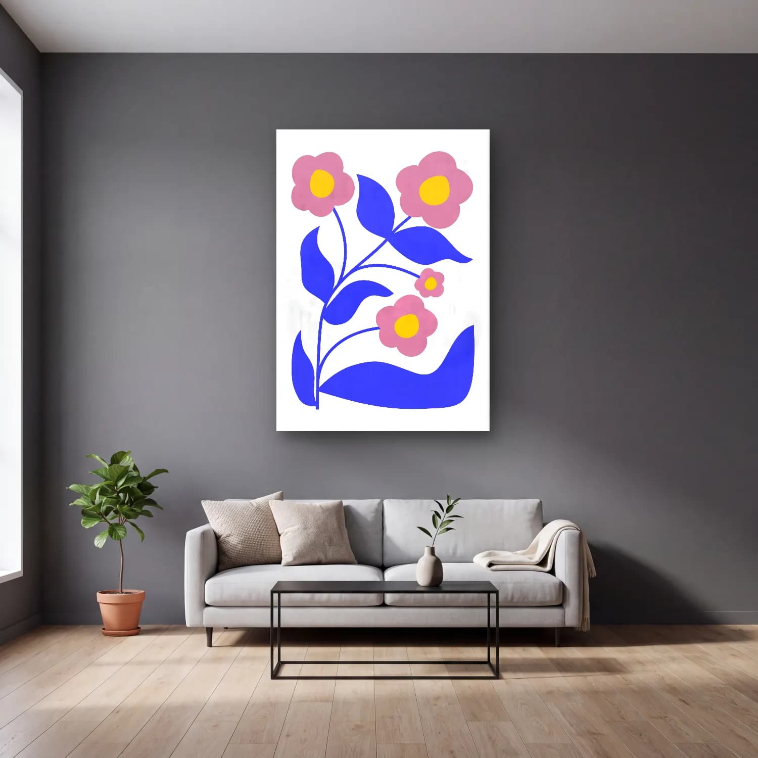 Pastel Çiçek Deseni No. 198 cam tablo — gri duvarlı salonda