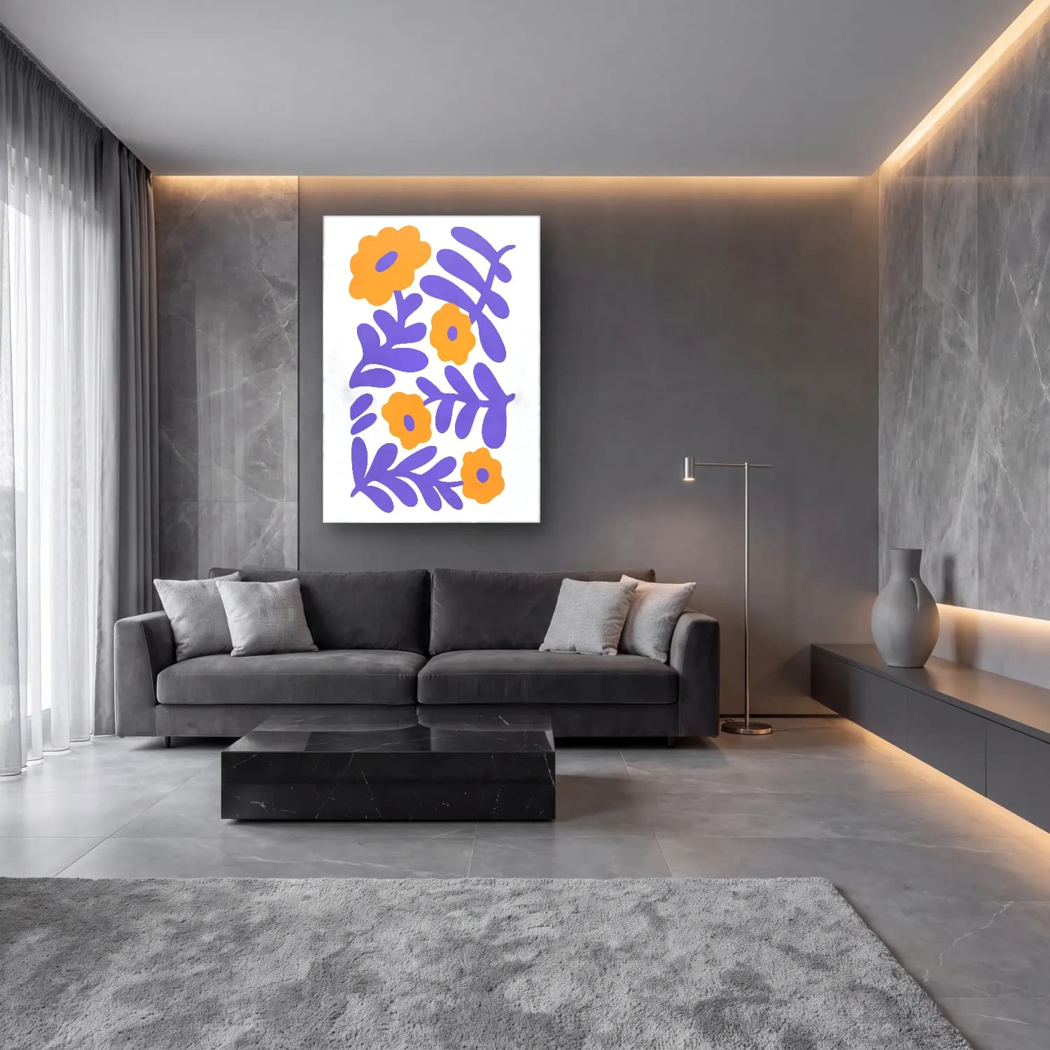 Boho Çiçek Deseni No. 77 cam tablo — lüks salon duvarında