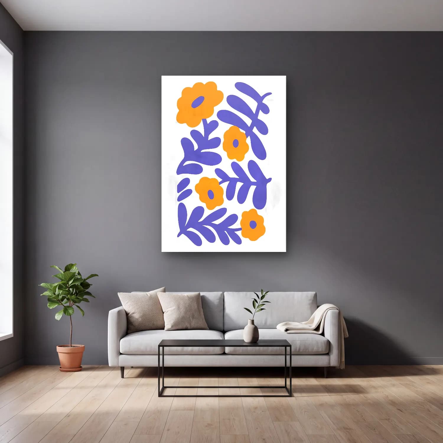 Boho Çiçek Deseni No. 77 cam tablo — gri duvarlı salonda