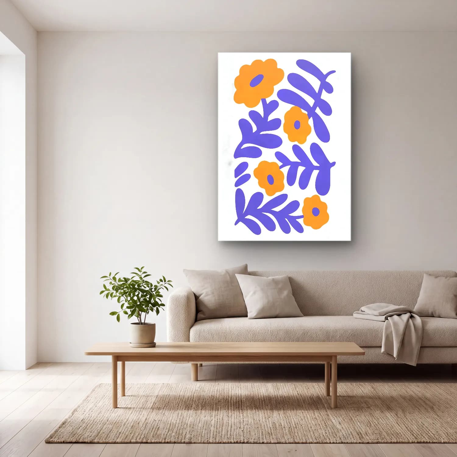 Boho Çiçek Deseni No. 77 cam tablo — açık renk salonda