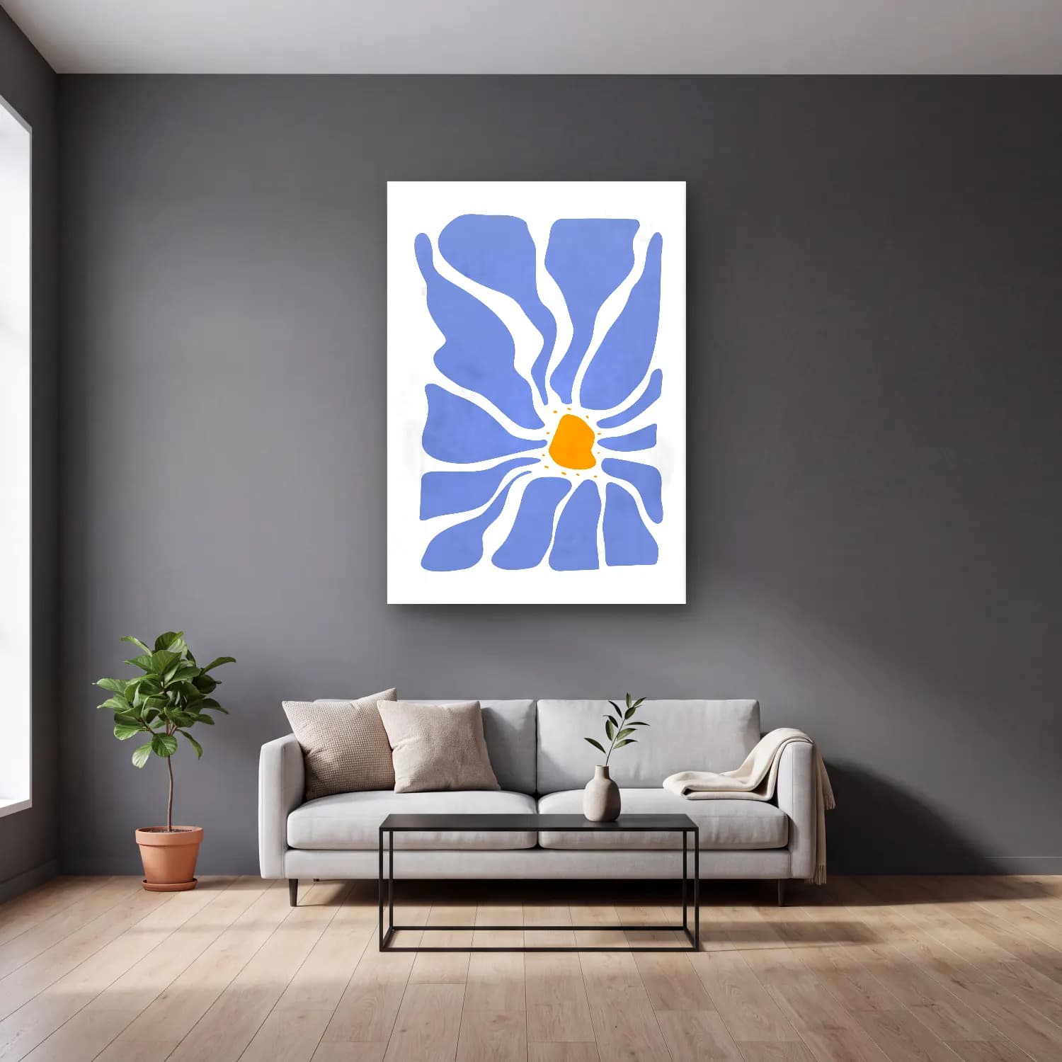 Boho Çiçek Deseni No. 78 cam tablo — gri duvarlı salonda