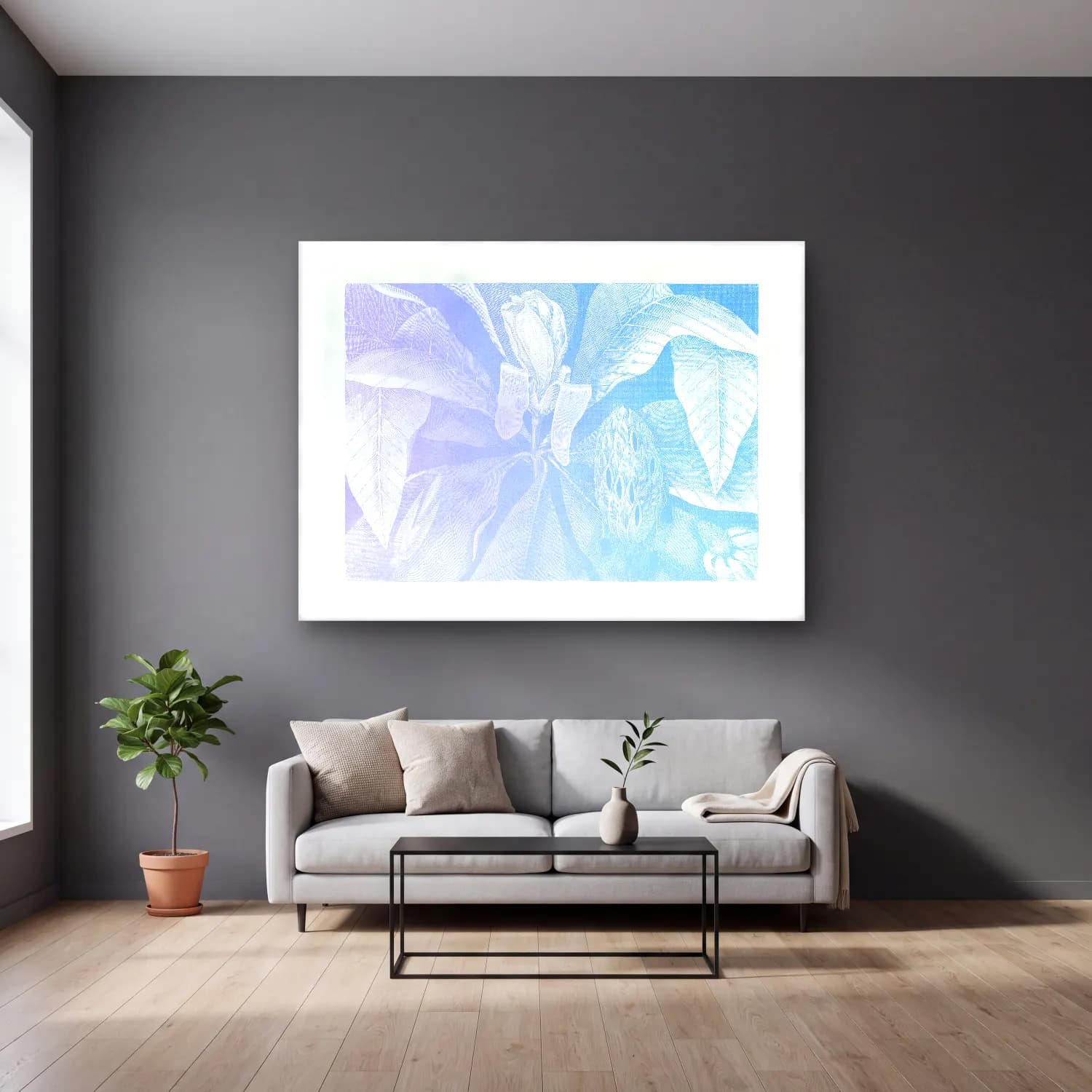 Botanik İllüstrasyon Manolya – Mavi Tonlar cam tablo — gri duvarlı salonda