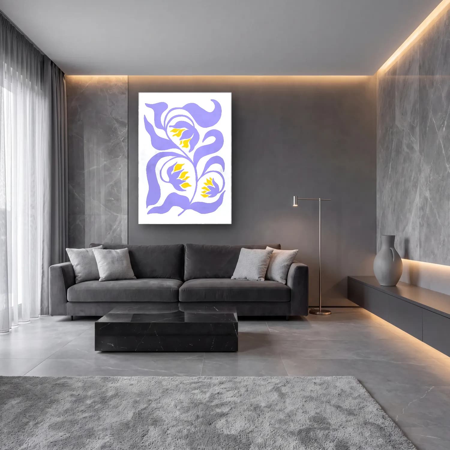 Boho Çiçek Deseni No. 79 cam tablo — lüks salon duvarında