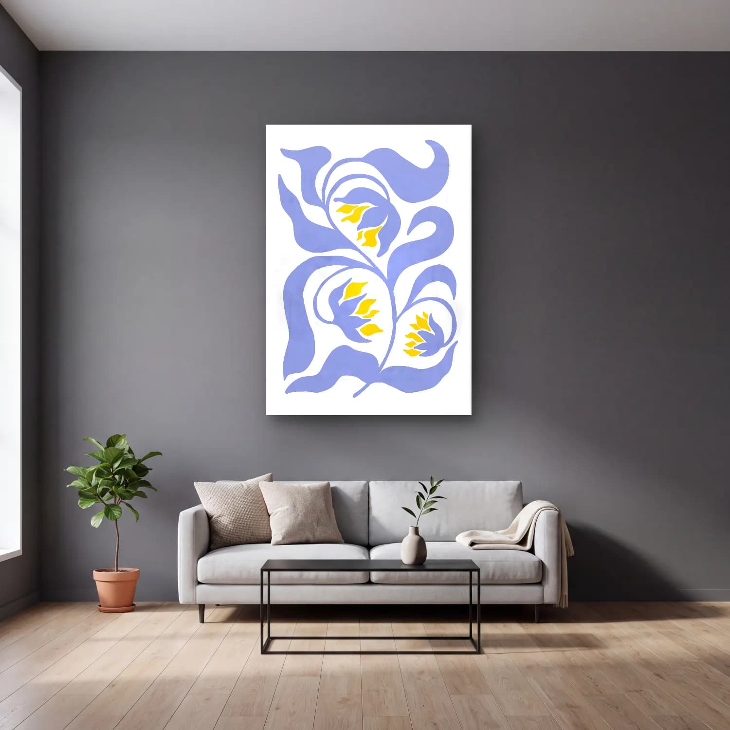 Boho Çiçek Deseni No. 79 cam tablo — gri duvarlı salonda