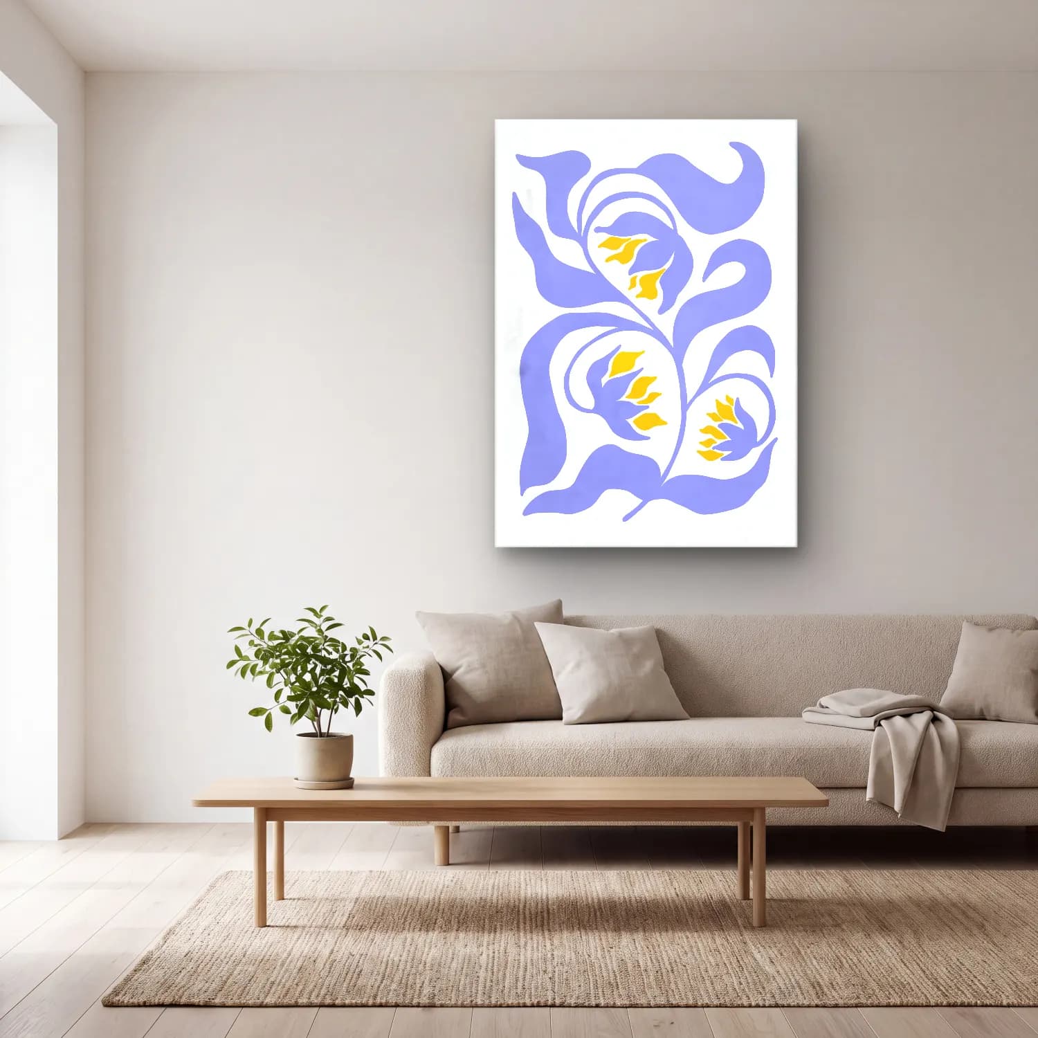 Boho Çiçek Deseni No. 79 cam tablo — açık renk salonda