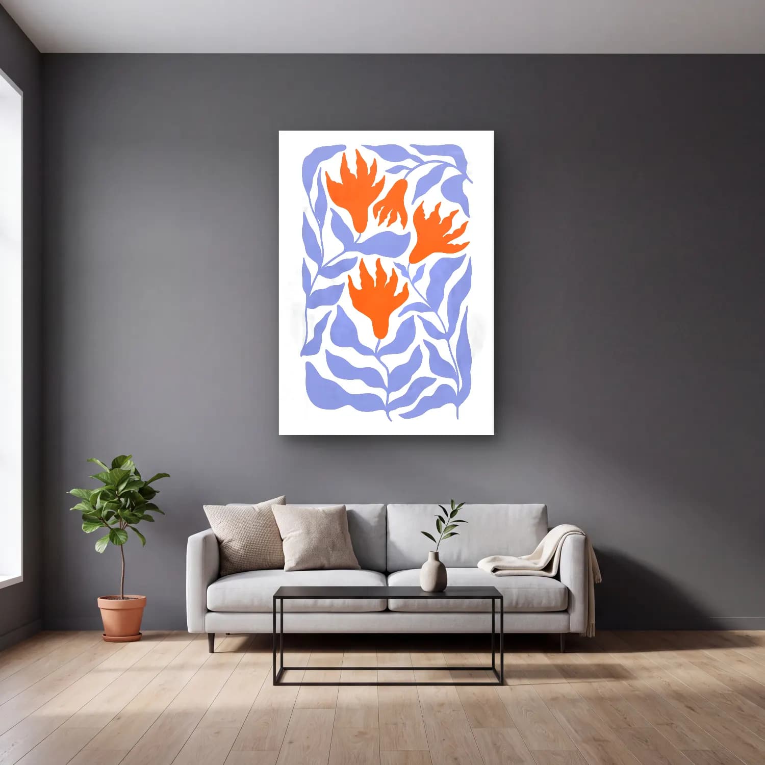 Boho Çiçek Deseni No. 80 cam tablo — gri duvarlı salonda