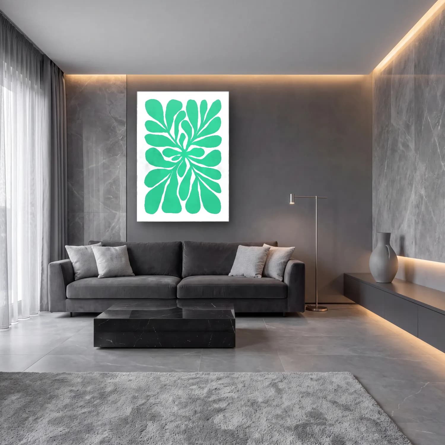 Boho Çiçek Deseni No. 81 cam tablo — lüks salon duvarında