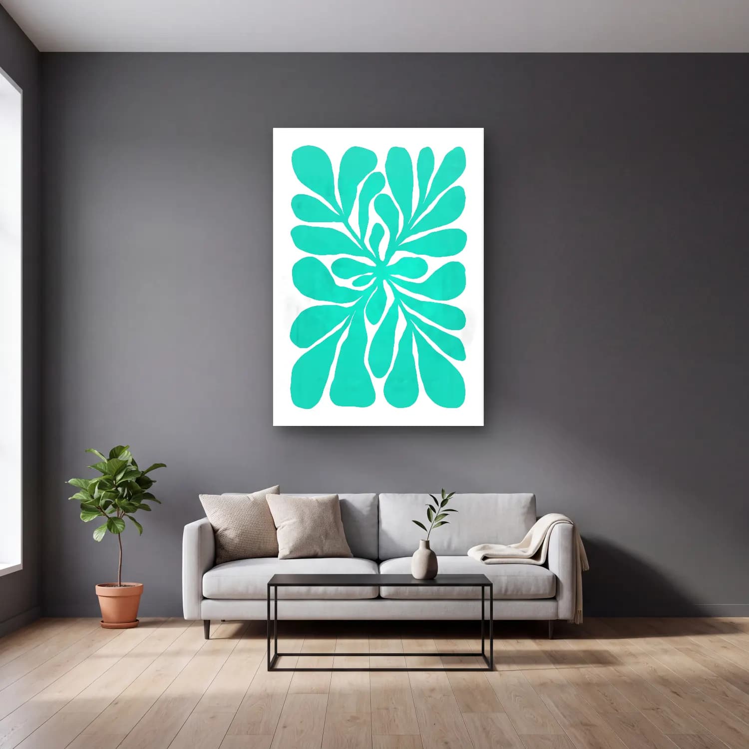 Boho Çiçek Deseni No. 81 cam tablo — gri duvarlı salonda