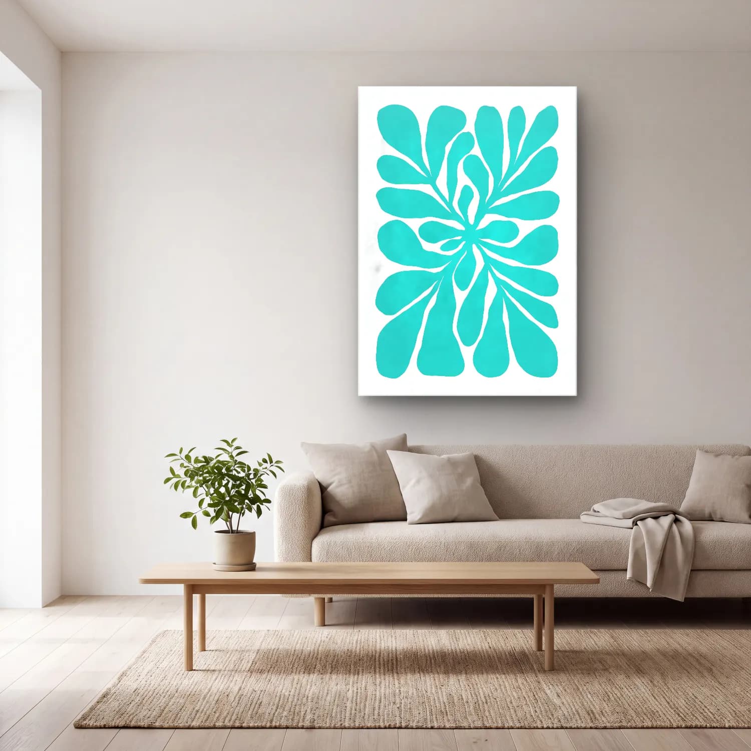 Boho Çiçek Deseni No. 81 cam tablo — açık renk salonda