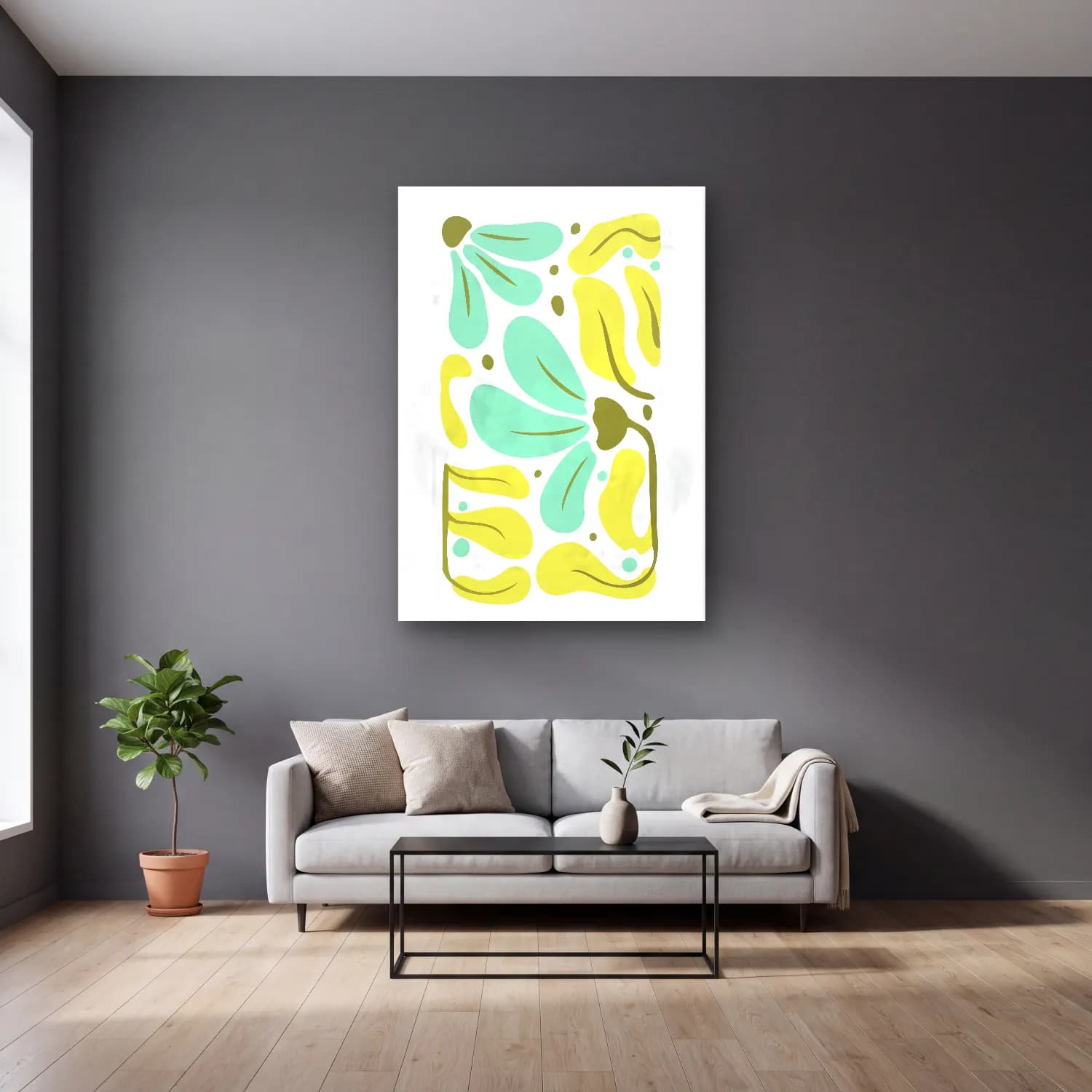 Boho Çiçek Deseni No. 82 cam tablo — gri duvarlı salonda