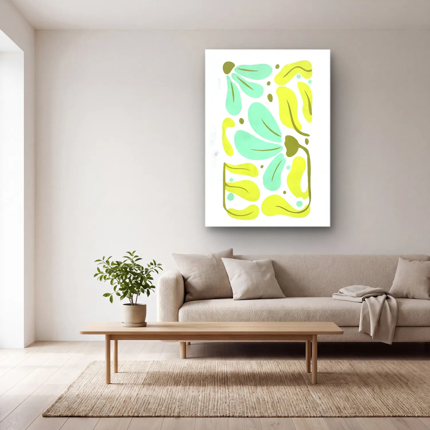 Boho Çiçek Deseni No. 82 cam tablo — açık renk salonda
