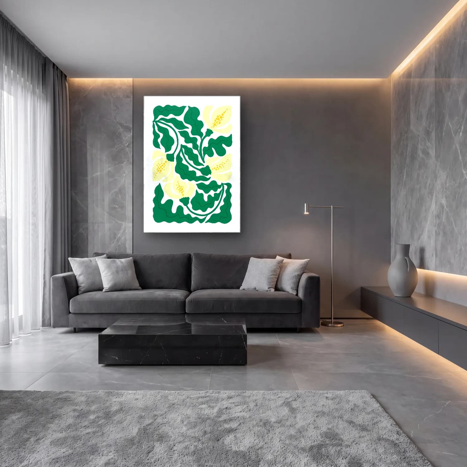 Boho Çiçek Deseni No. 83 cam tablo — lüks salon duvarında