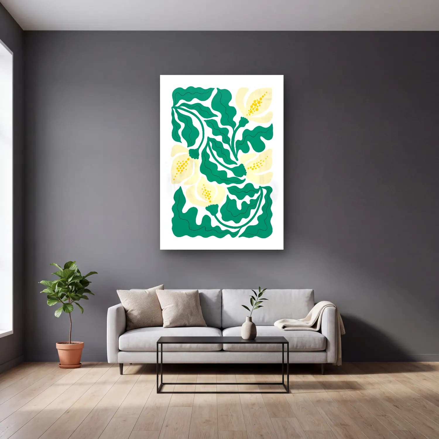 Boho Çiçek Deseni No. 83 cam tablo — gri duvarlı salonda