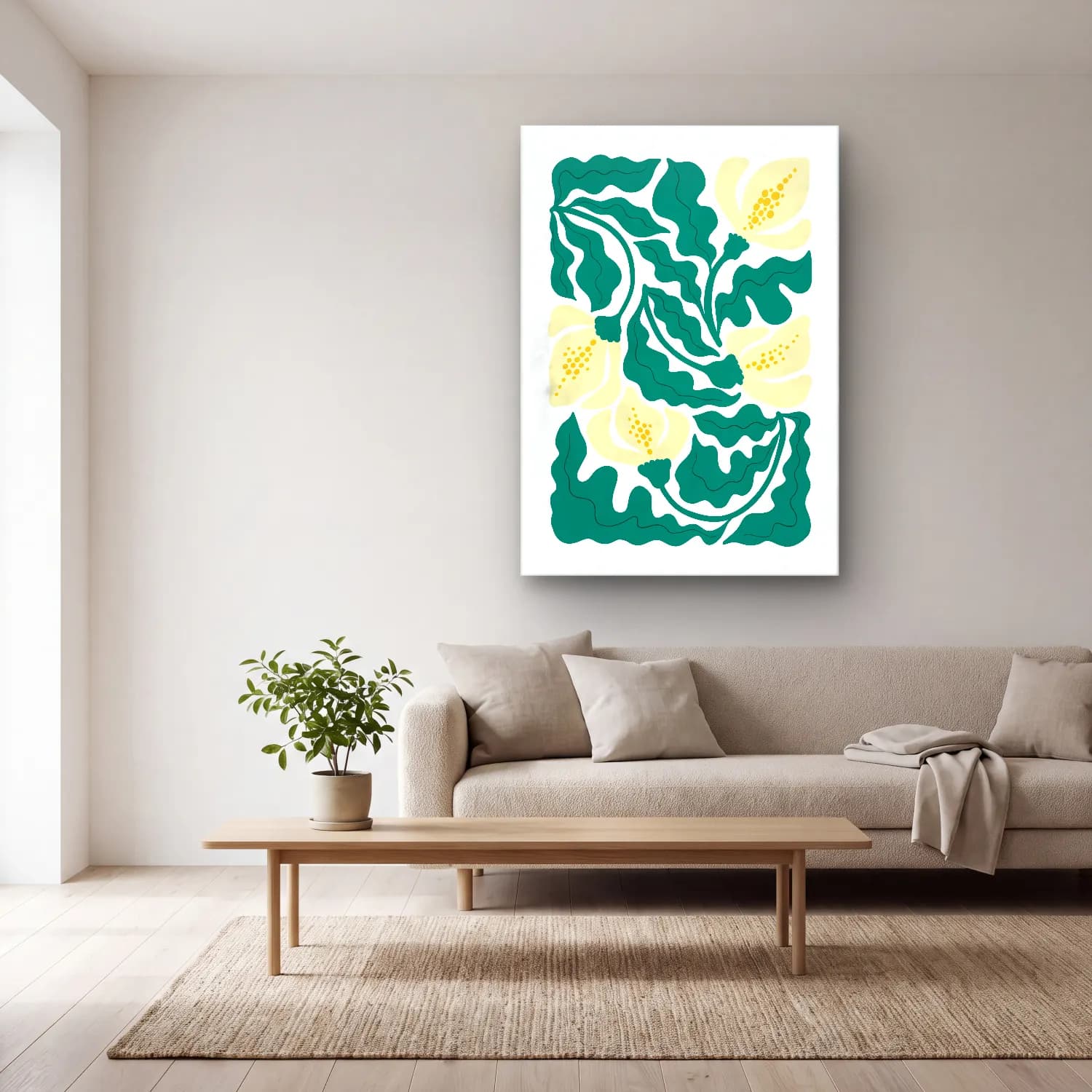 Boho Çiçek Deseni No. 83 cam tablo — açık renk salonda