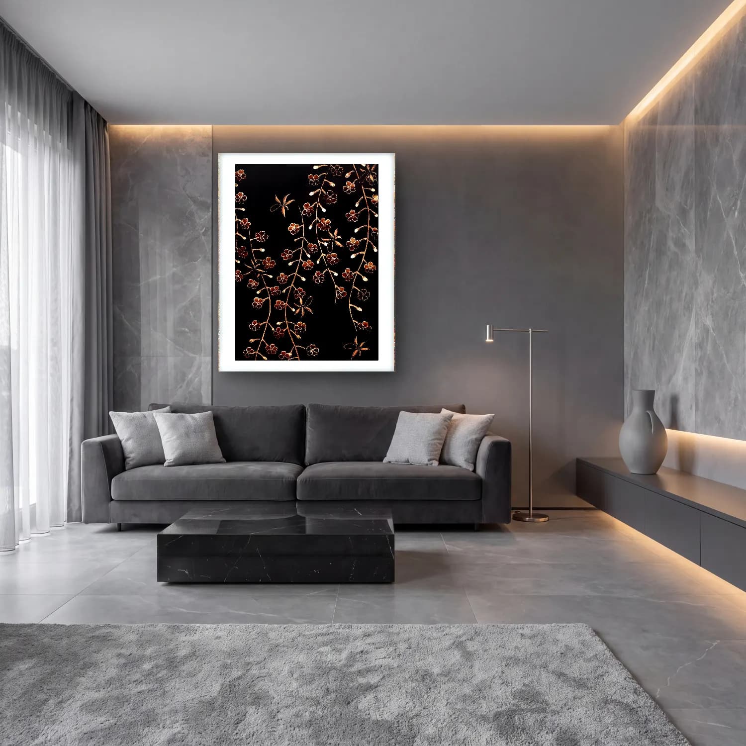 Boho Çiçek Deseni No. 137 cam tablo — lüks salon duvarında