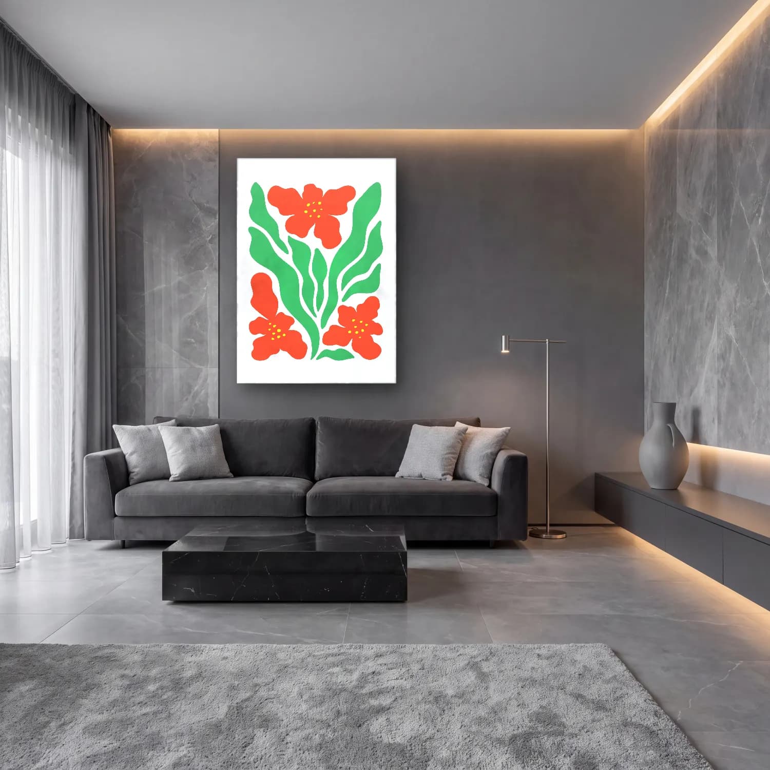 Boho Çiçek Deseni No. 84 cam tablo — lüks salon duvarında
