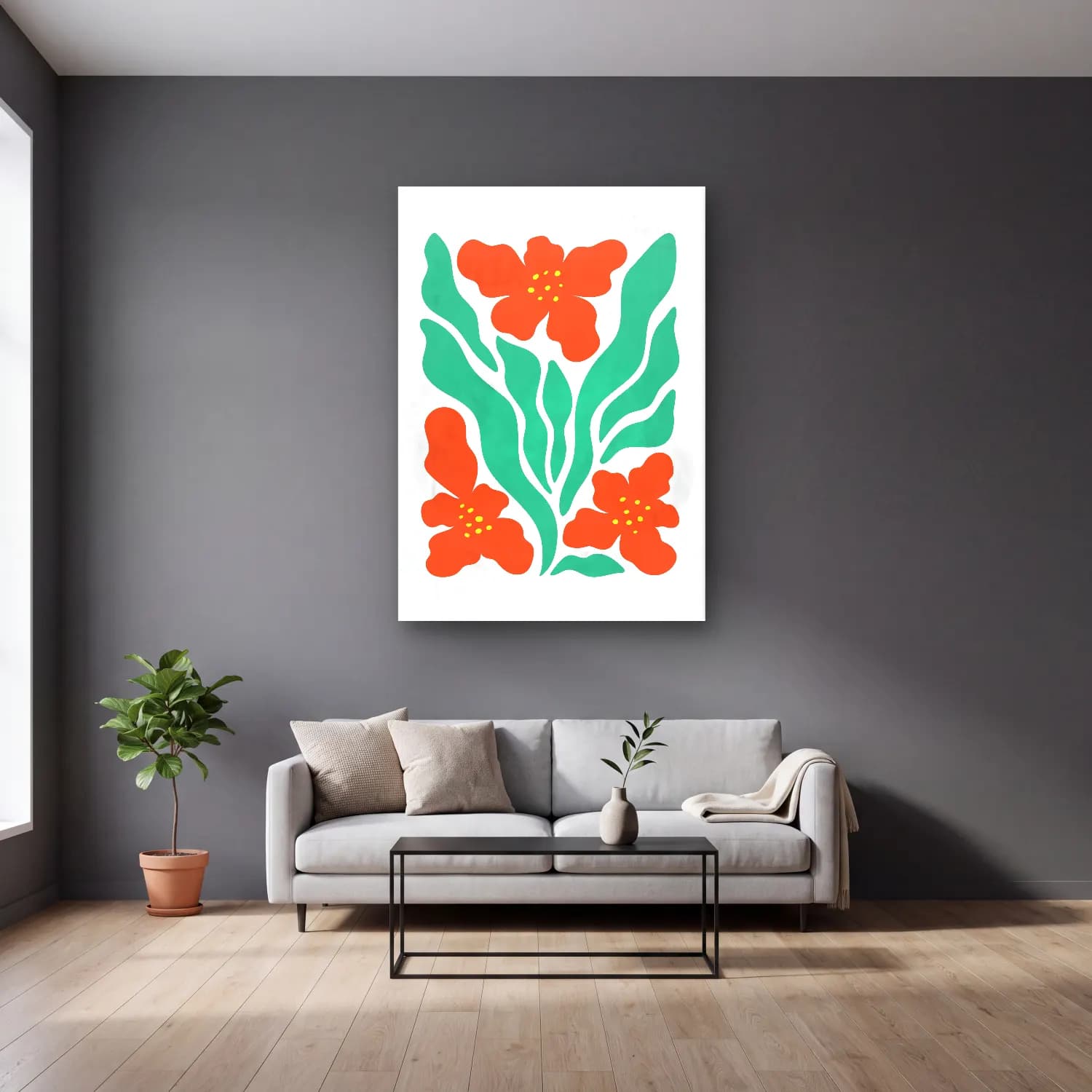 Boho Çiçek Deseni No. 84 cam tablo — gri duvarlı salonda