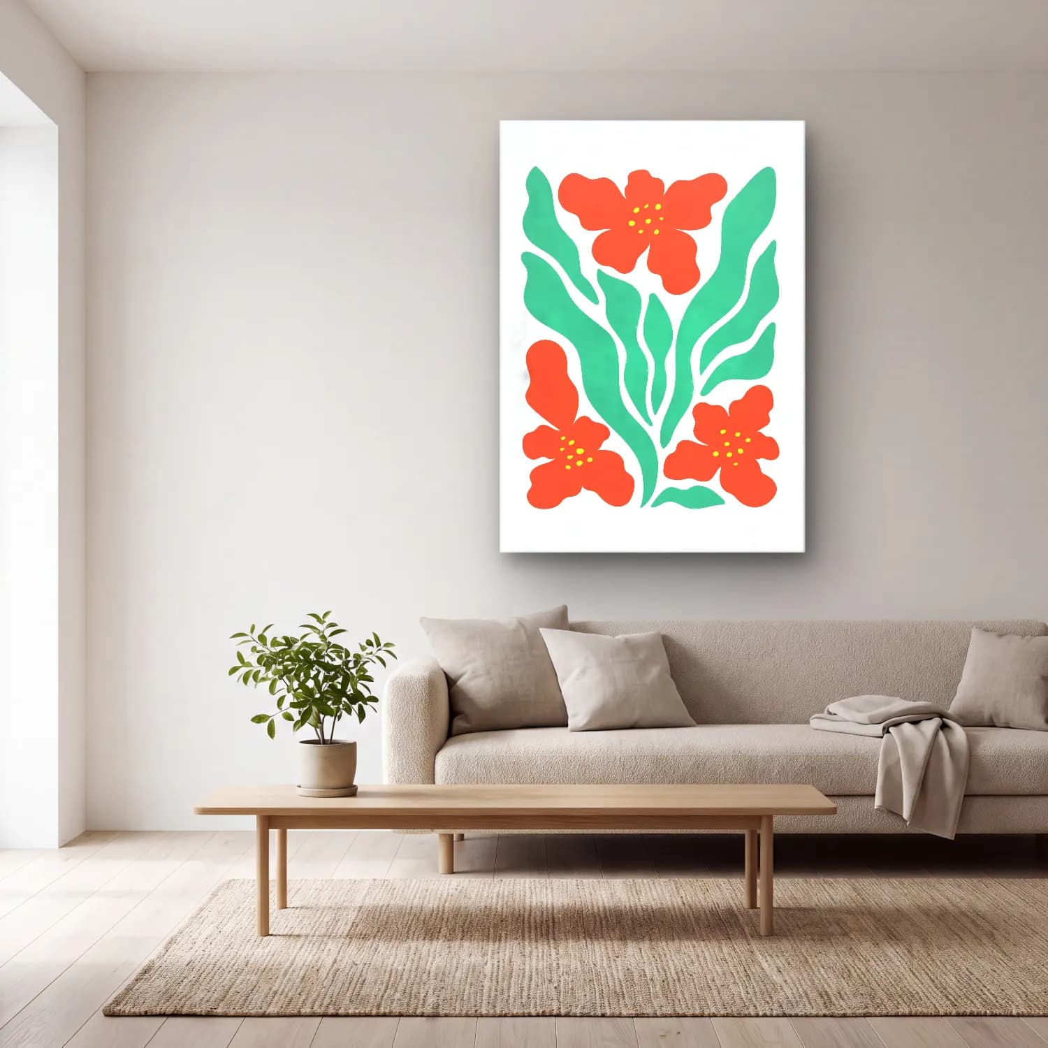 Boho Çiçek Deseni No. 84 cam tablo — açık renk salonda