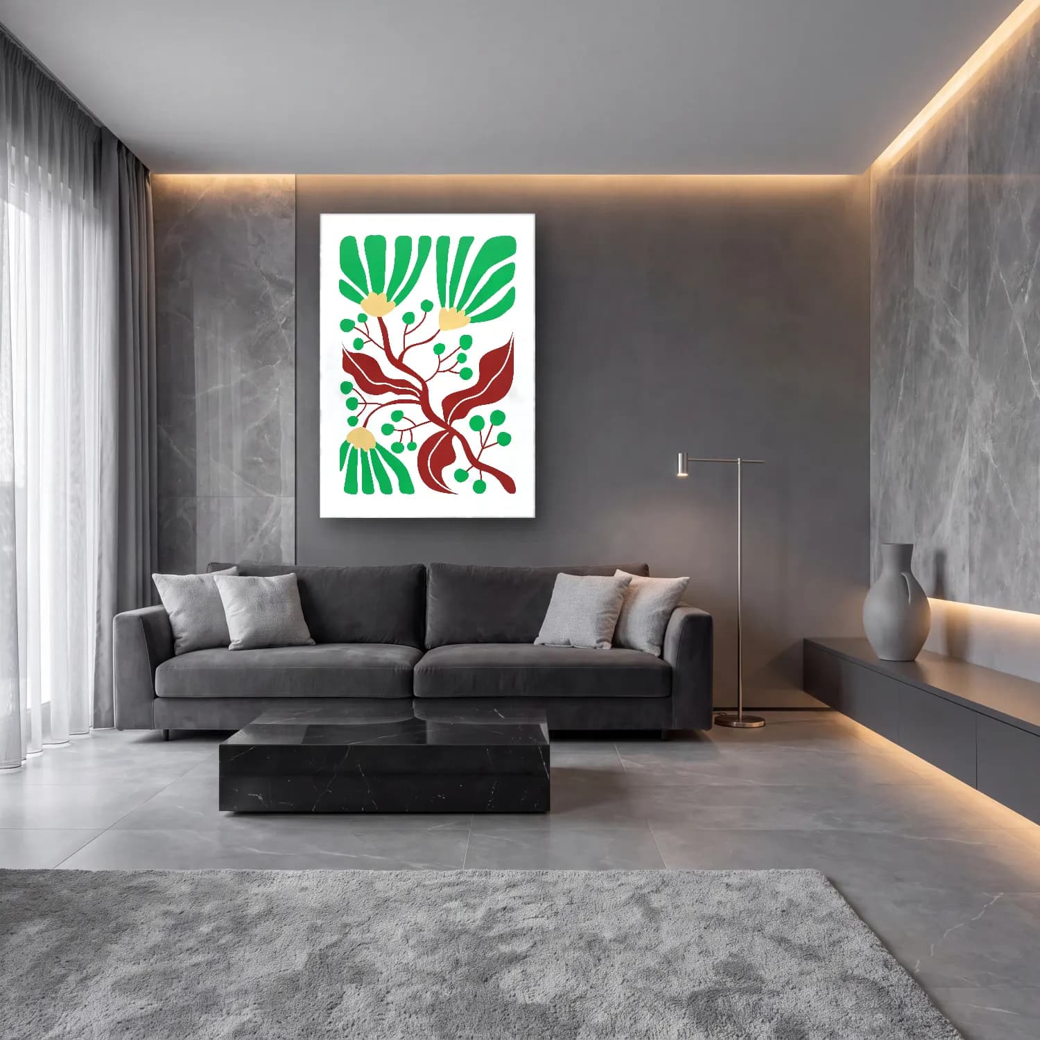 Boho Çiçek Deseni No. 85 cam tablo — lüks salon duvarında