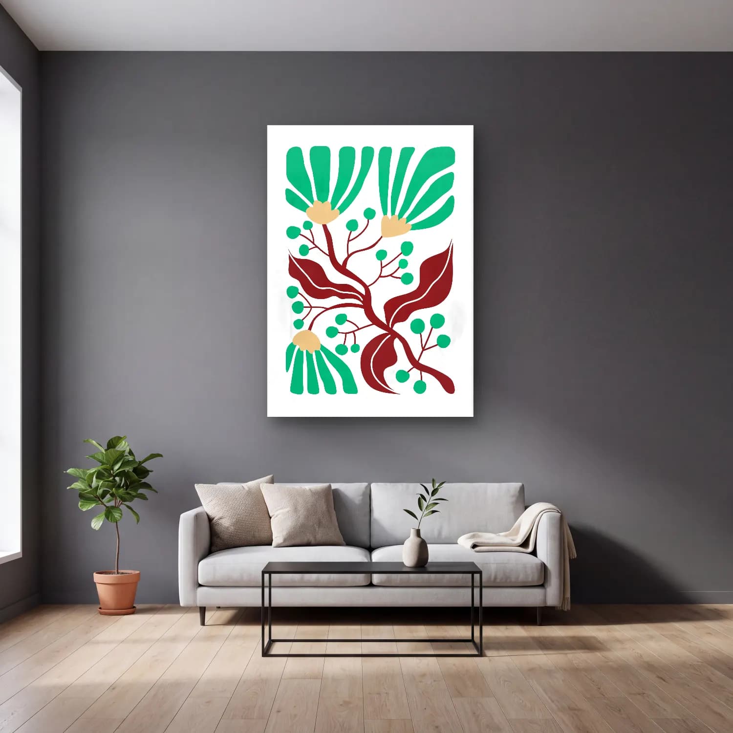 Boho Çiçek Deseni No. 85 cam tablo — gri duvarlı salonda