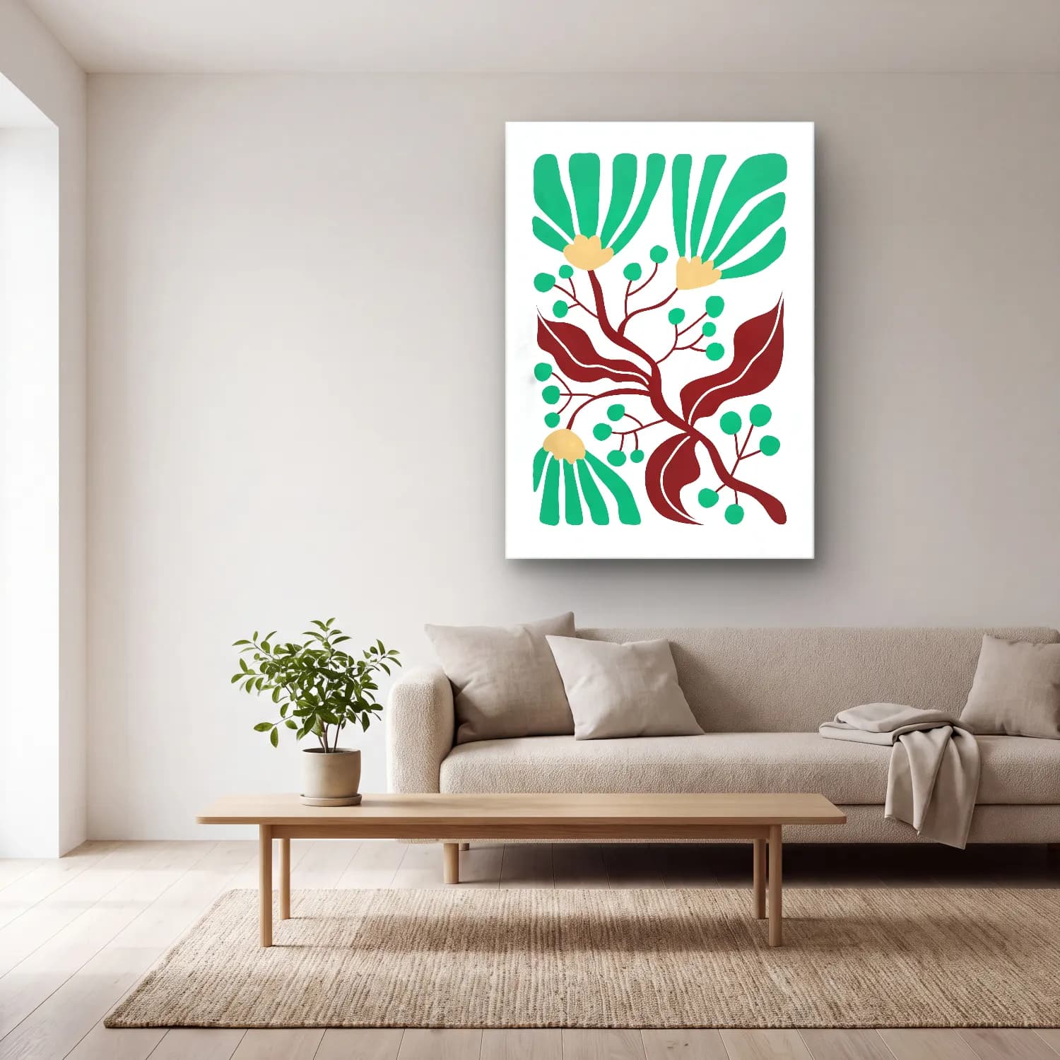 Boho Çiçek Deseni No. 85 cam tablo — açık renk salonda