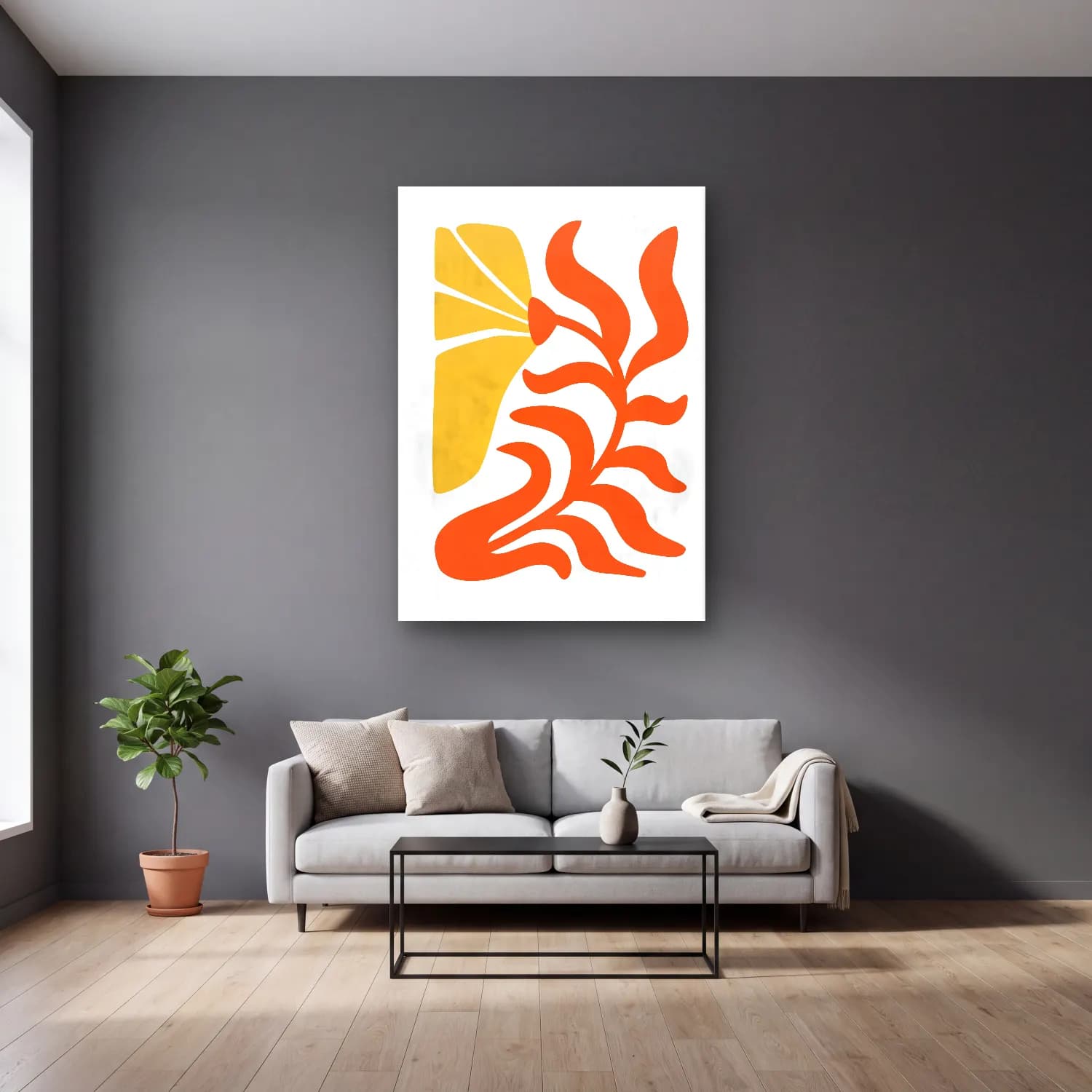 Boho Çiçek Deseni No. 87 cam tablo — gri duvarlı salonda