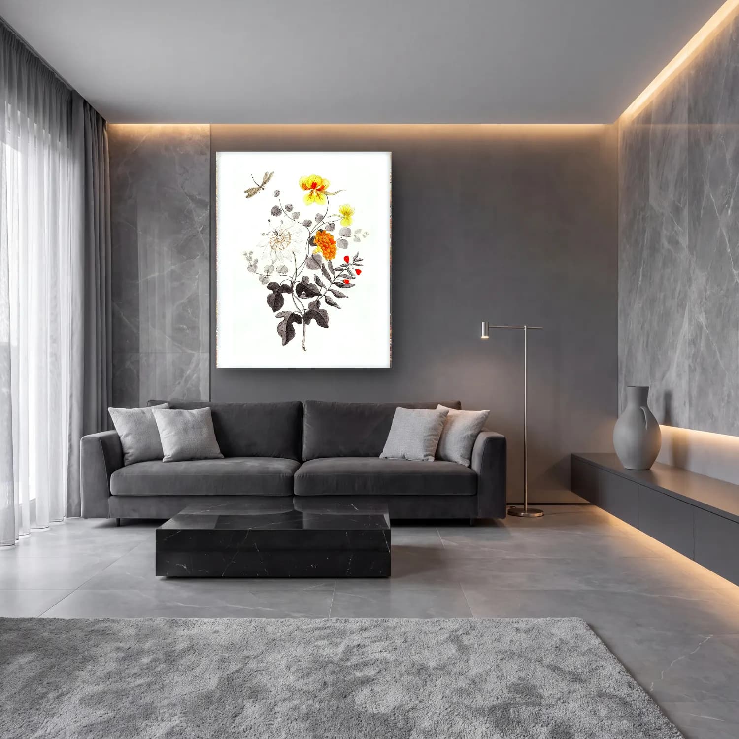 Botanik İllüstrasyon Kır Çiçekleri No. 46 cam tablo — lüks salon duvarında