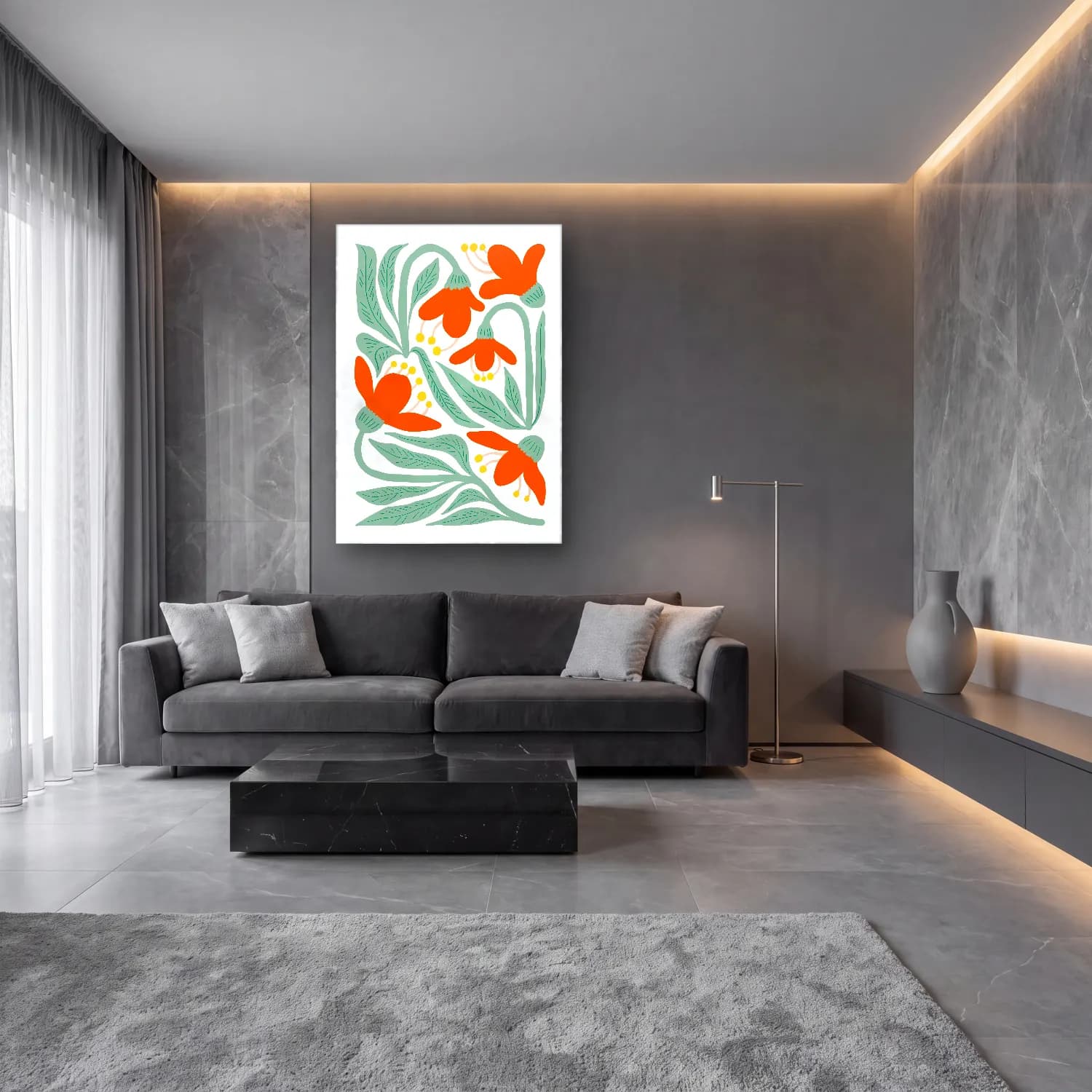 Boho Çiçek Deseni No. 88 cam tablo — lüks salon duvarında