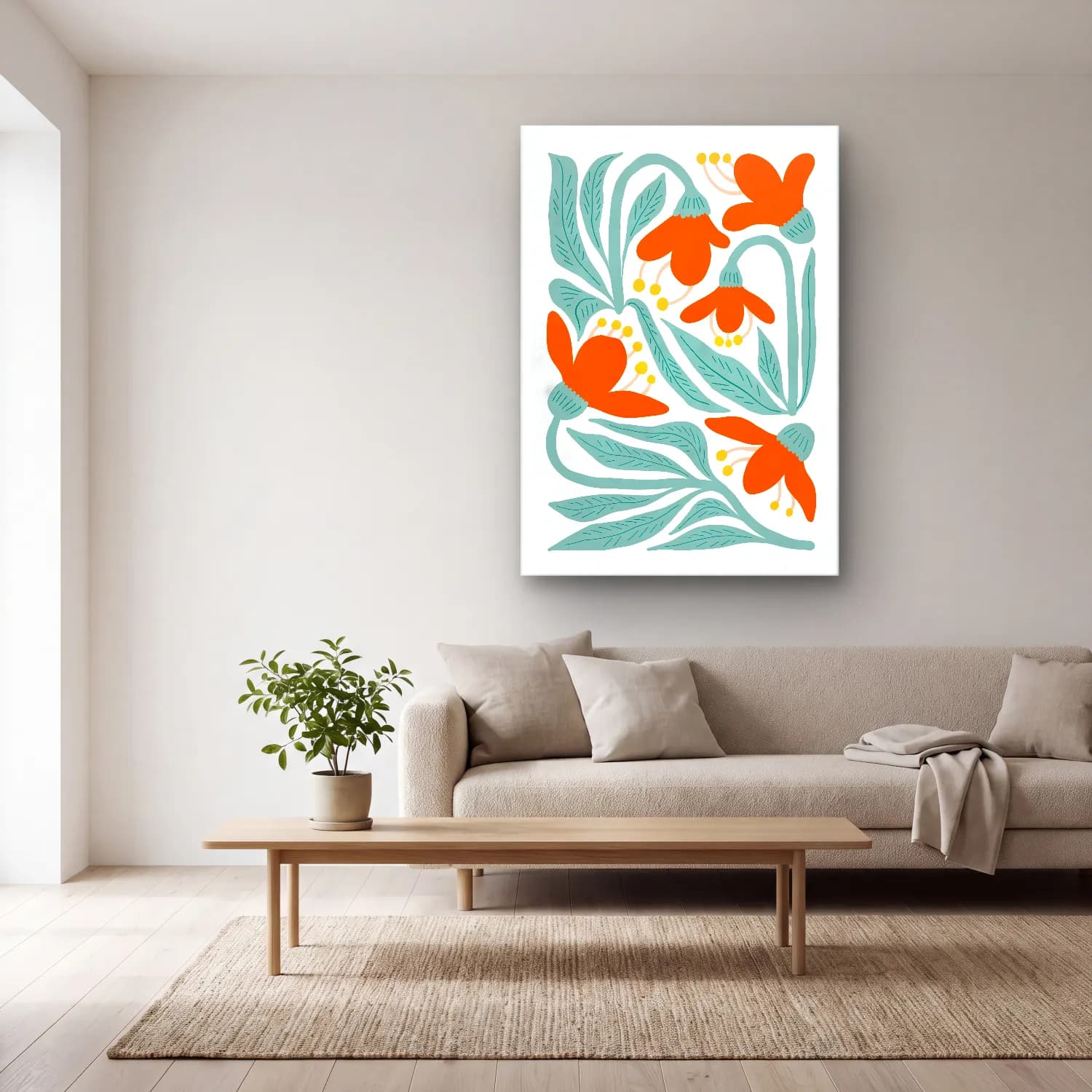 Boho Çiçek Deseni No. 88 cam tablo — açık renk salonda