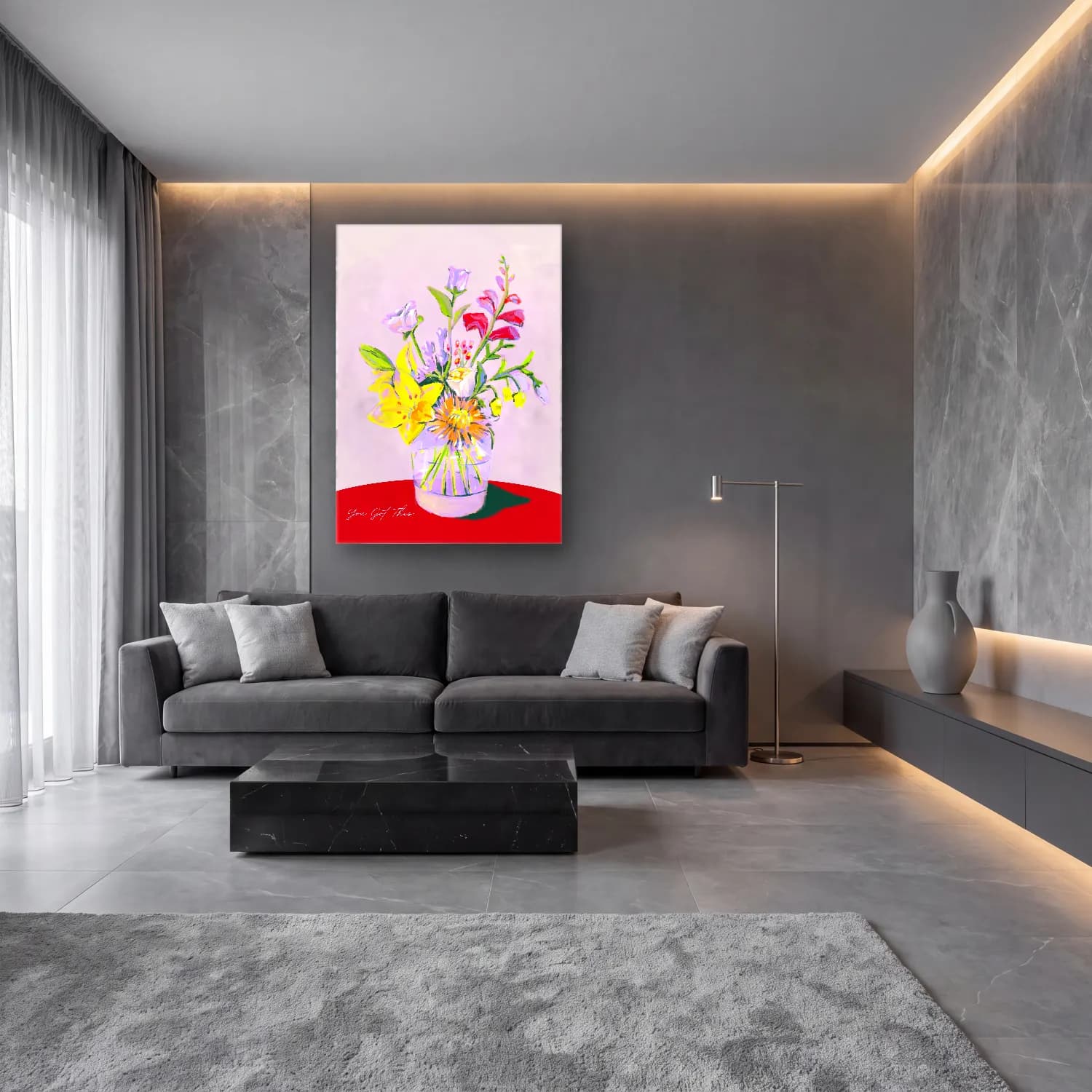MAXIMALIST ECLECTIC – Vazoda Çiçek Buketi cam tablo — lüks salon duvarında