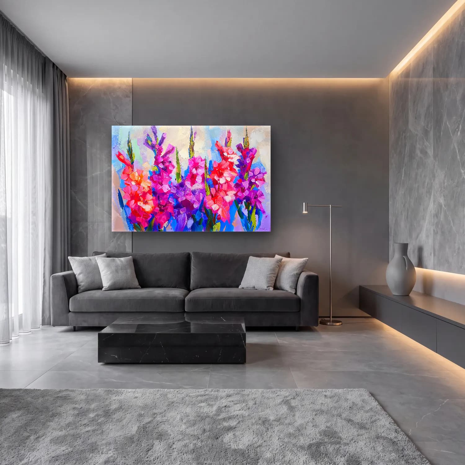 Yağlı Boya Süsenler – Pembe Tonlar cam tablo — lüks salon duvarında