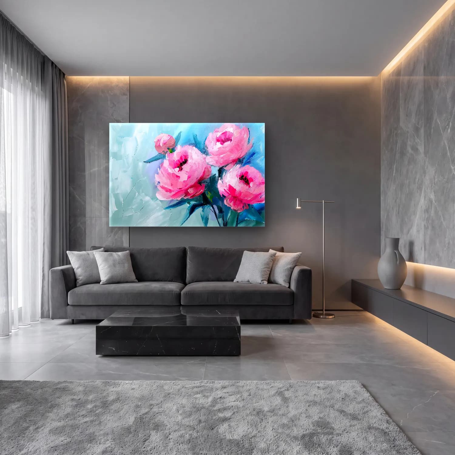 Yağlı Boya Pembe Şakayıklar No. 19 cam tablo — lüks salon duvarında