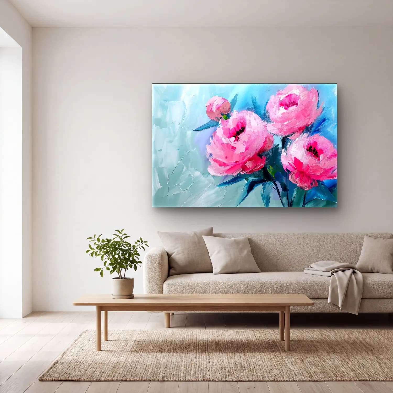 Yağlı Boya Pembe Şakayıklar No. 19 cam tablo — açık renk salonda