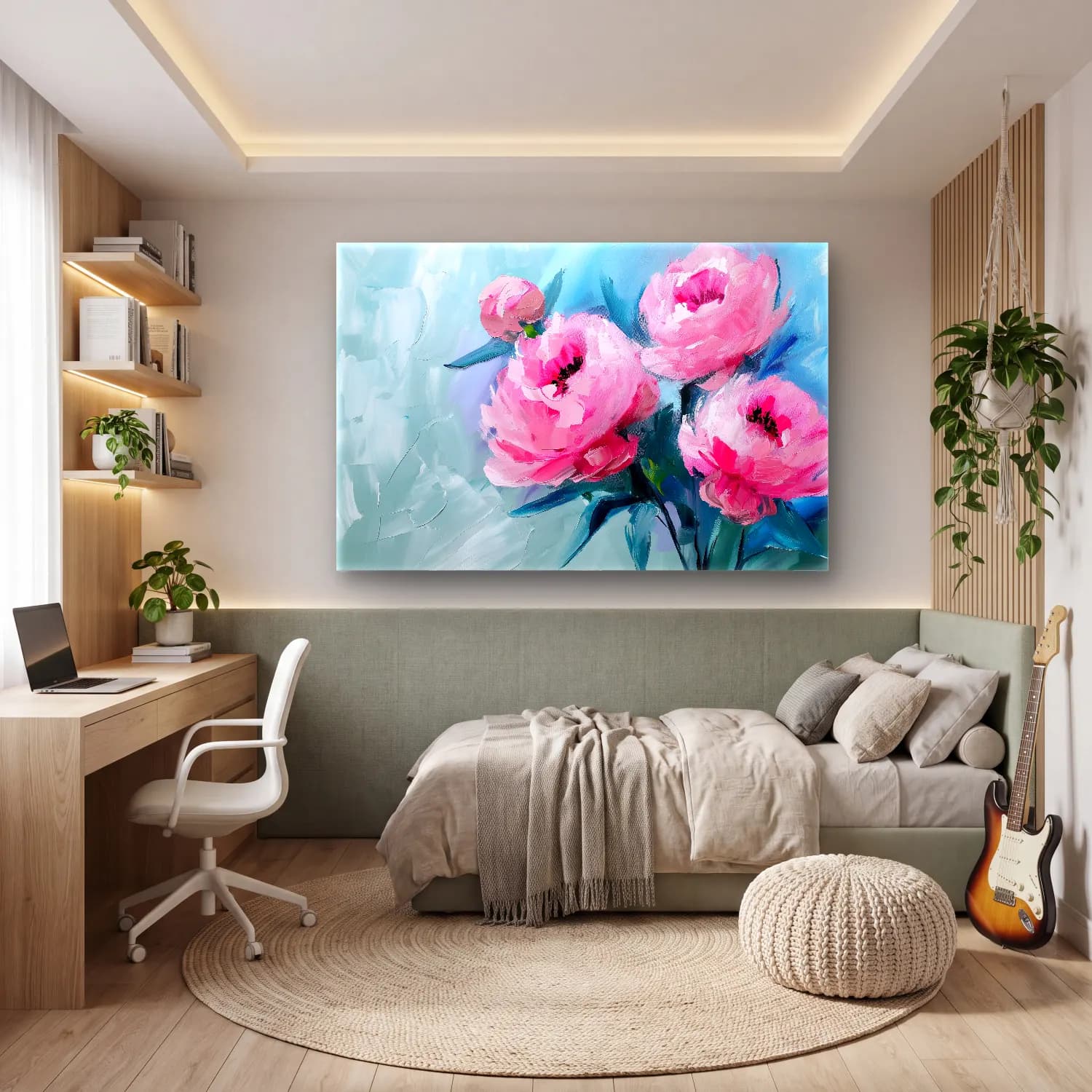 Yağlı Boya Pembe Şakayıklar No. 19 cam tablo — genç odasında