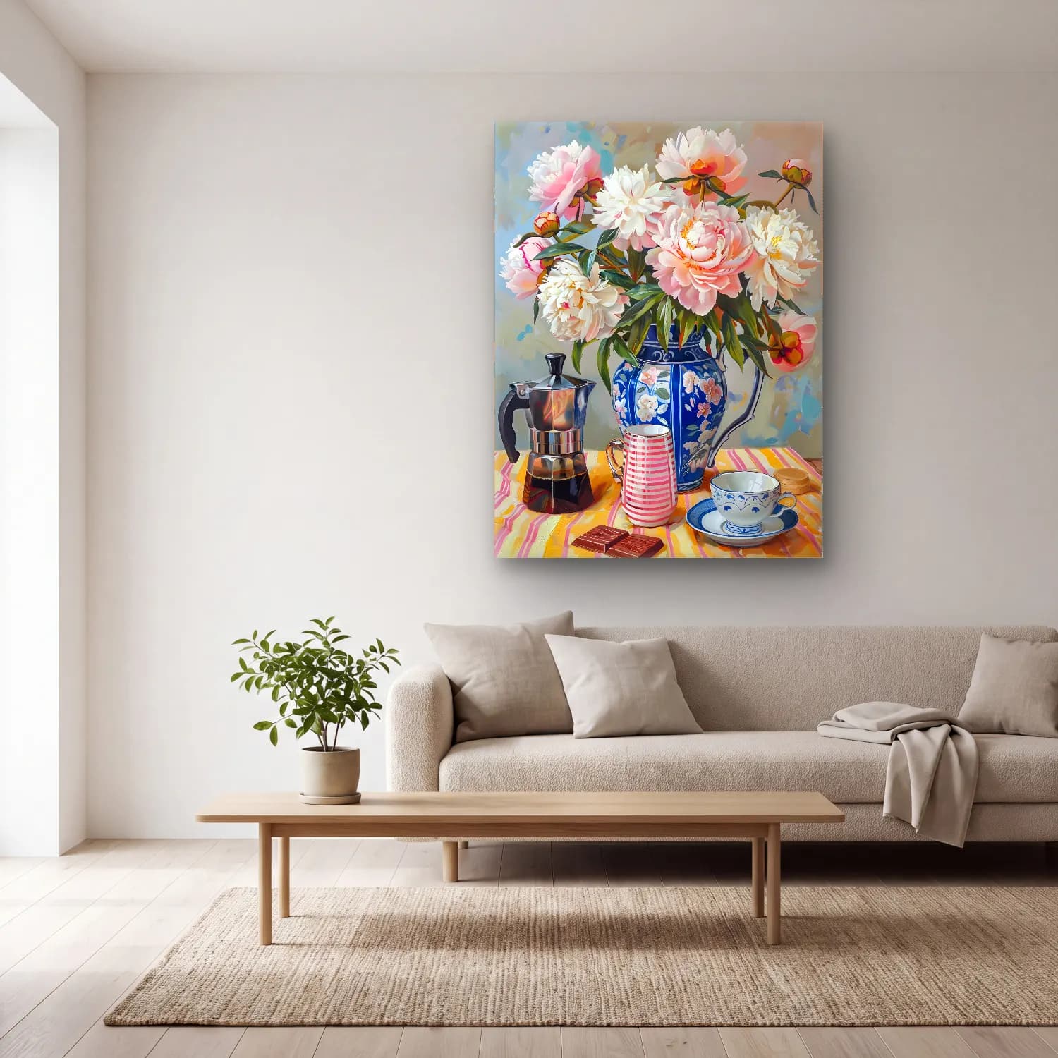 Yağlı Boya Pembe Şakayıklar No. 20 cam tablo — açık renk salonda
