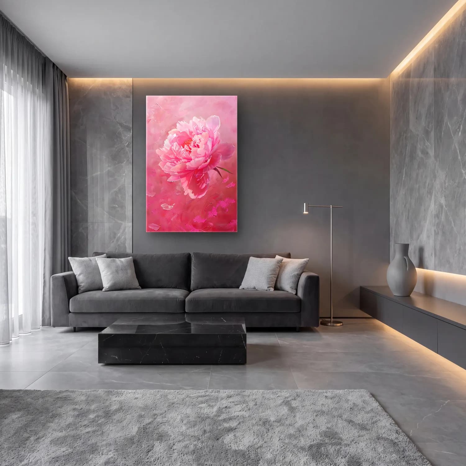 Yağlı Boya Pembe Şakayıklar No. 21 cam tablo — lüks salon duvarında