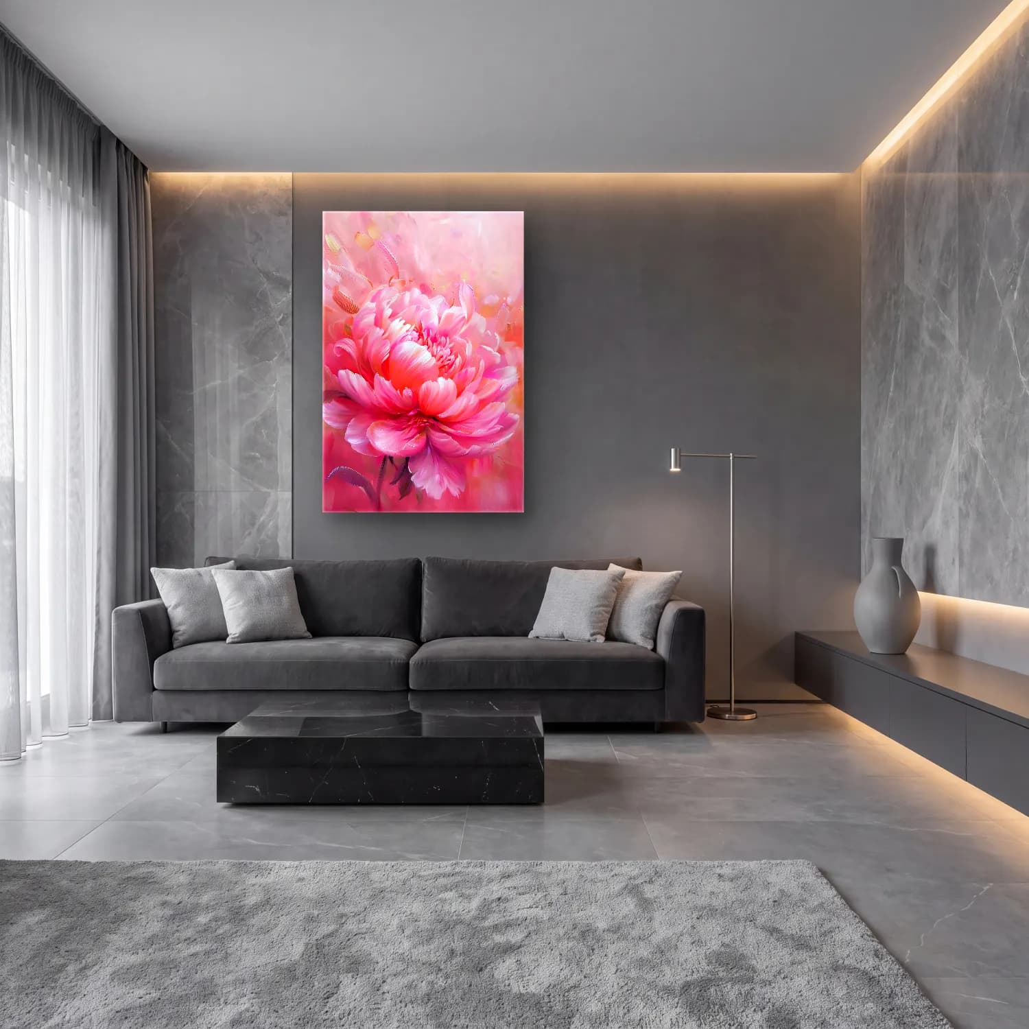Yağlı Boya Pembe Şakayıklar No. 22 cam tablo — lüks salon duvarında