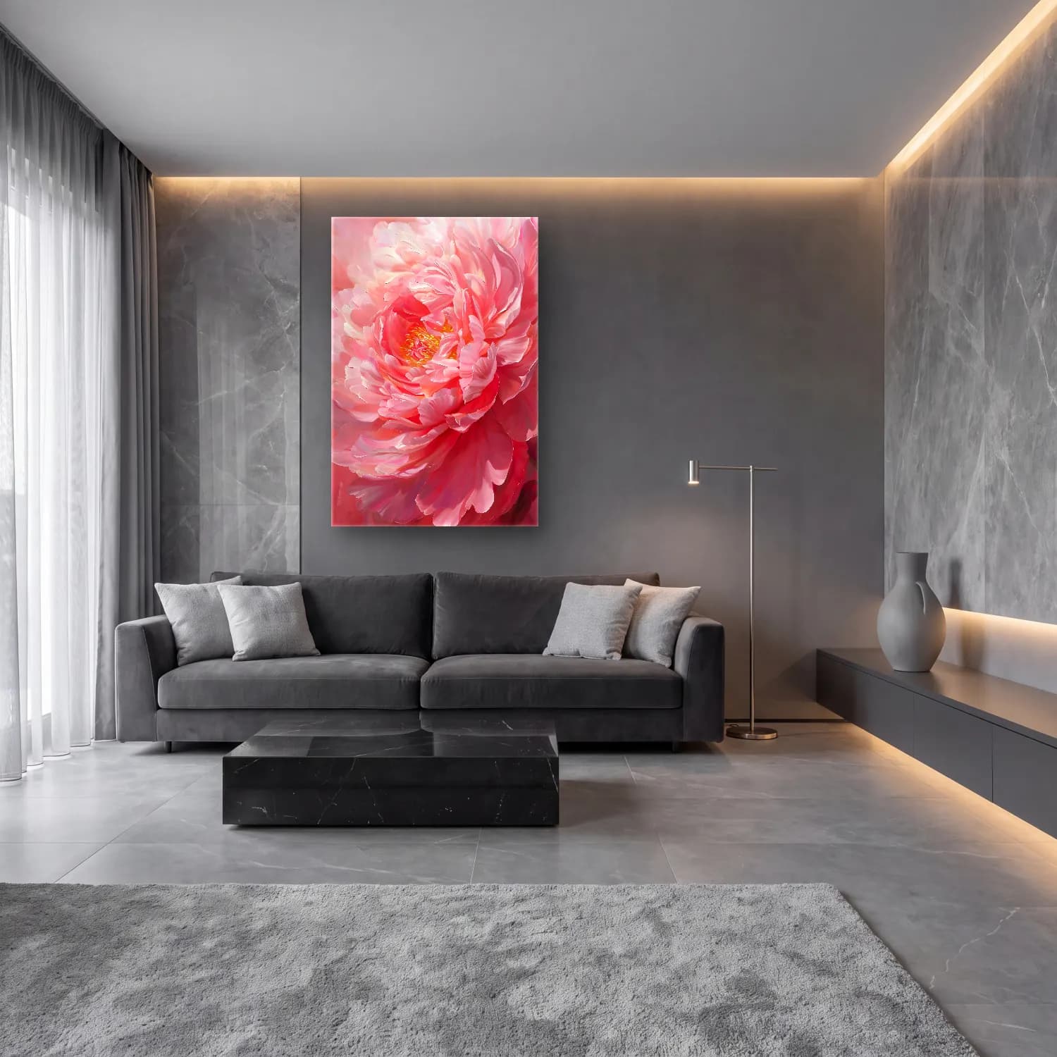 Botanik İllüstrasyon Pembe Şakayıklar No. 11 cam tablo — lüks salon duvarında