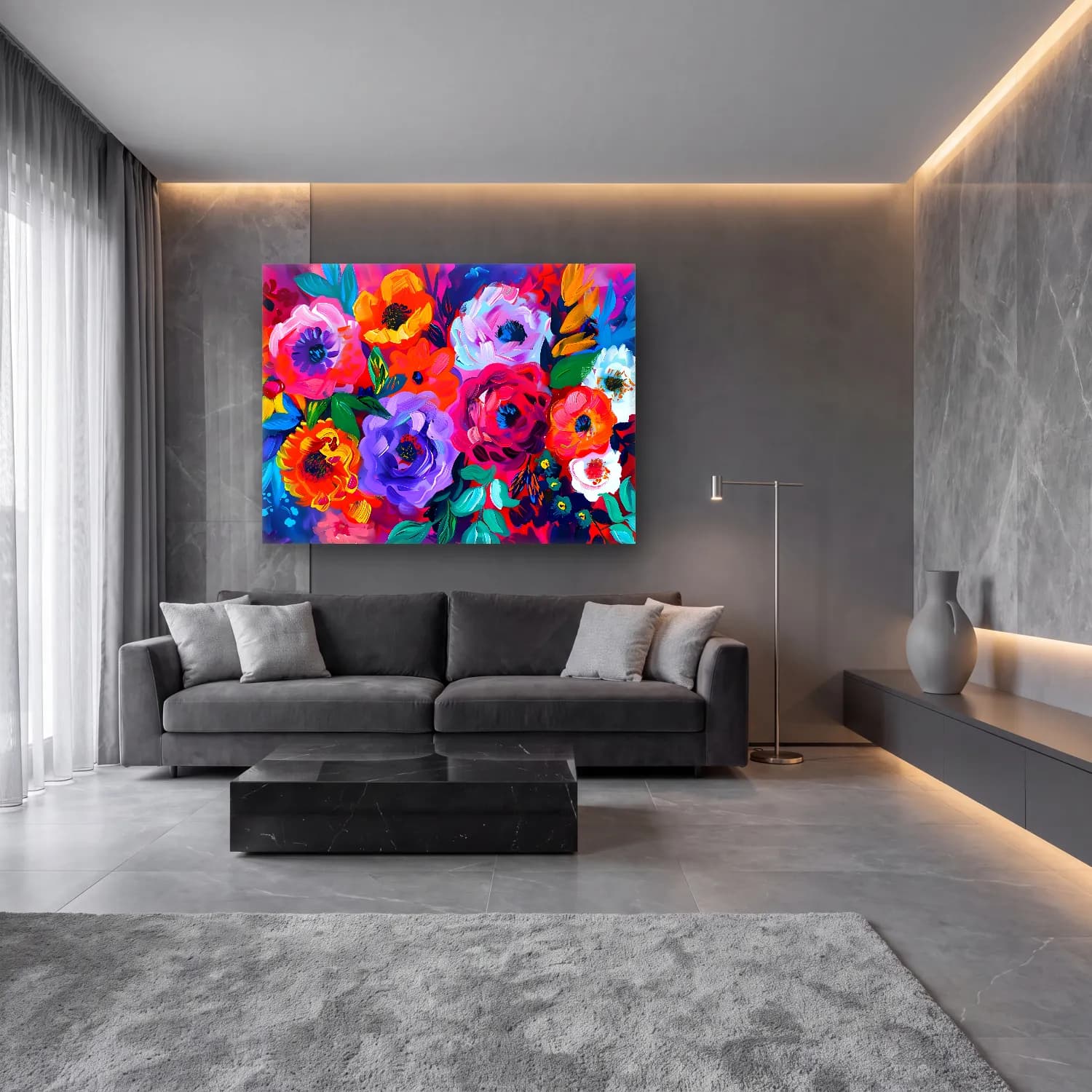 Maksimalist Çiçek Deseni No. 36 cam tablo — lüks salon duvarında