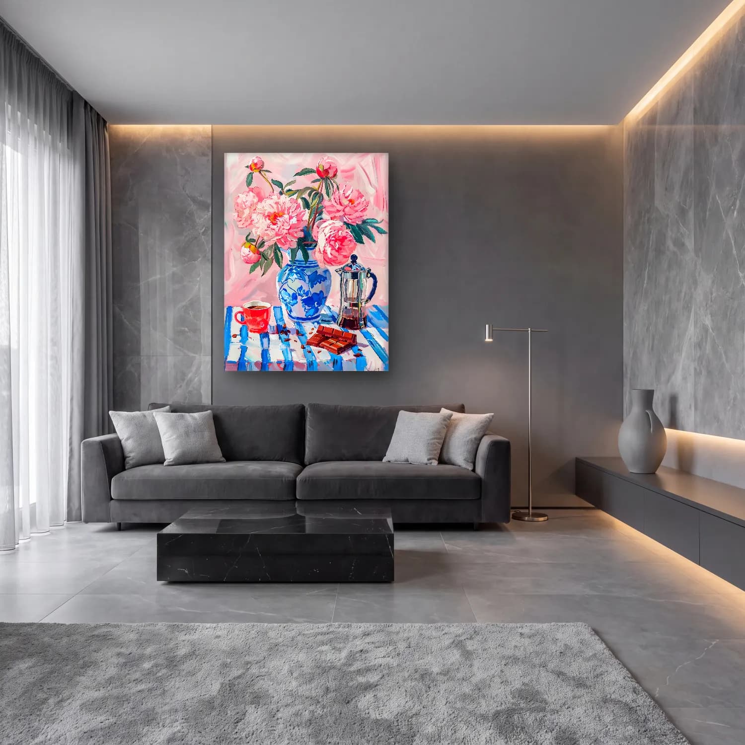 Yağlı Boya Pembe Şakayıklar No. 23 cam tablo — lüks salon duvarında