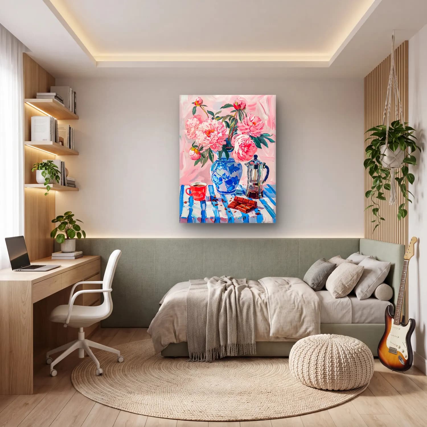 Yağlı Boya Pembe Şakayıklar No. 23 cam tablo — genç odasında
