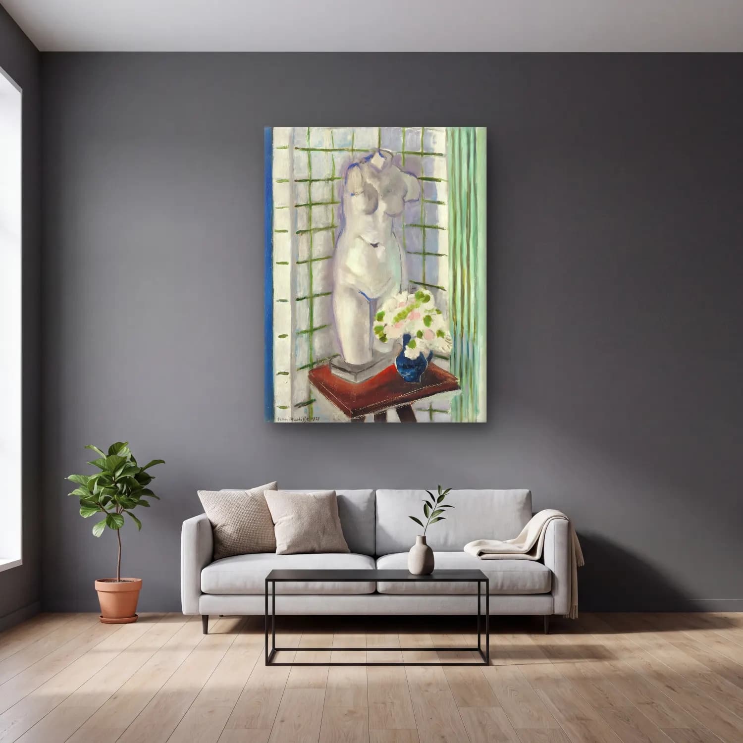 Henri Matisse – Antique et oeillets cam tablo — gri duvarlı salonda