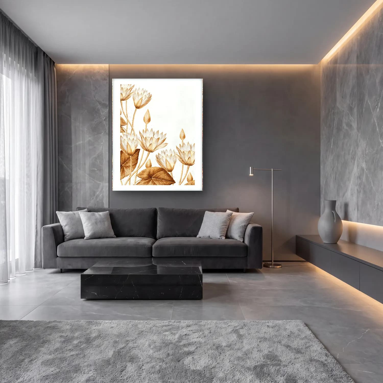 Botanik İllüstrasyon Lotus Çiçekleri – Bej Tonlar cam tablo — lüks salon duvarında