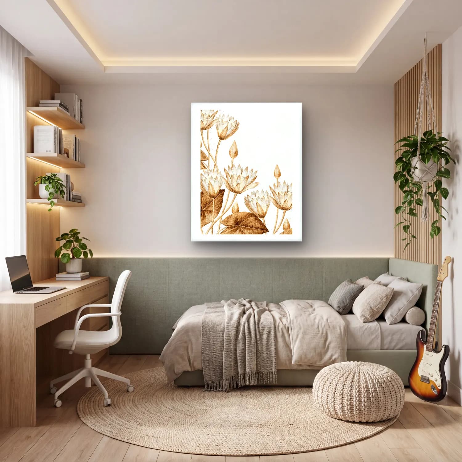 Botanik İllüstrasyon Lotus Çiçekleri – Bej Tonlar cam tablo — genç odasında