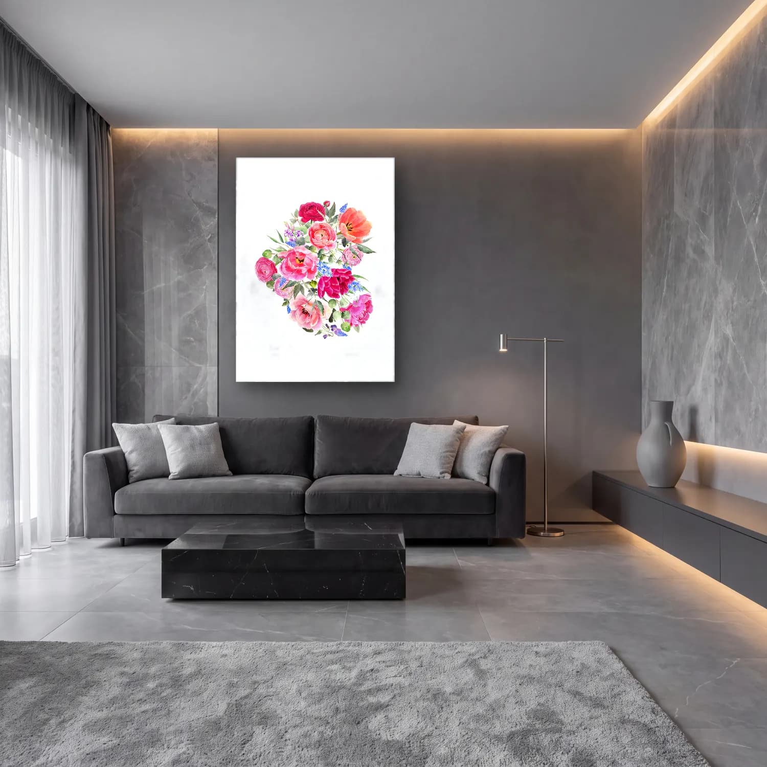 Suluboya Çiçek Deseni No. 14 cam tablo — lüks salon duvarında